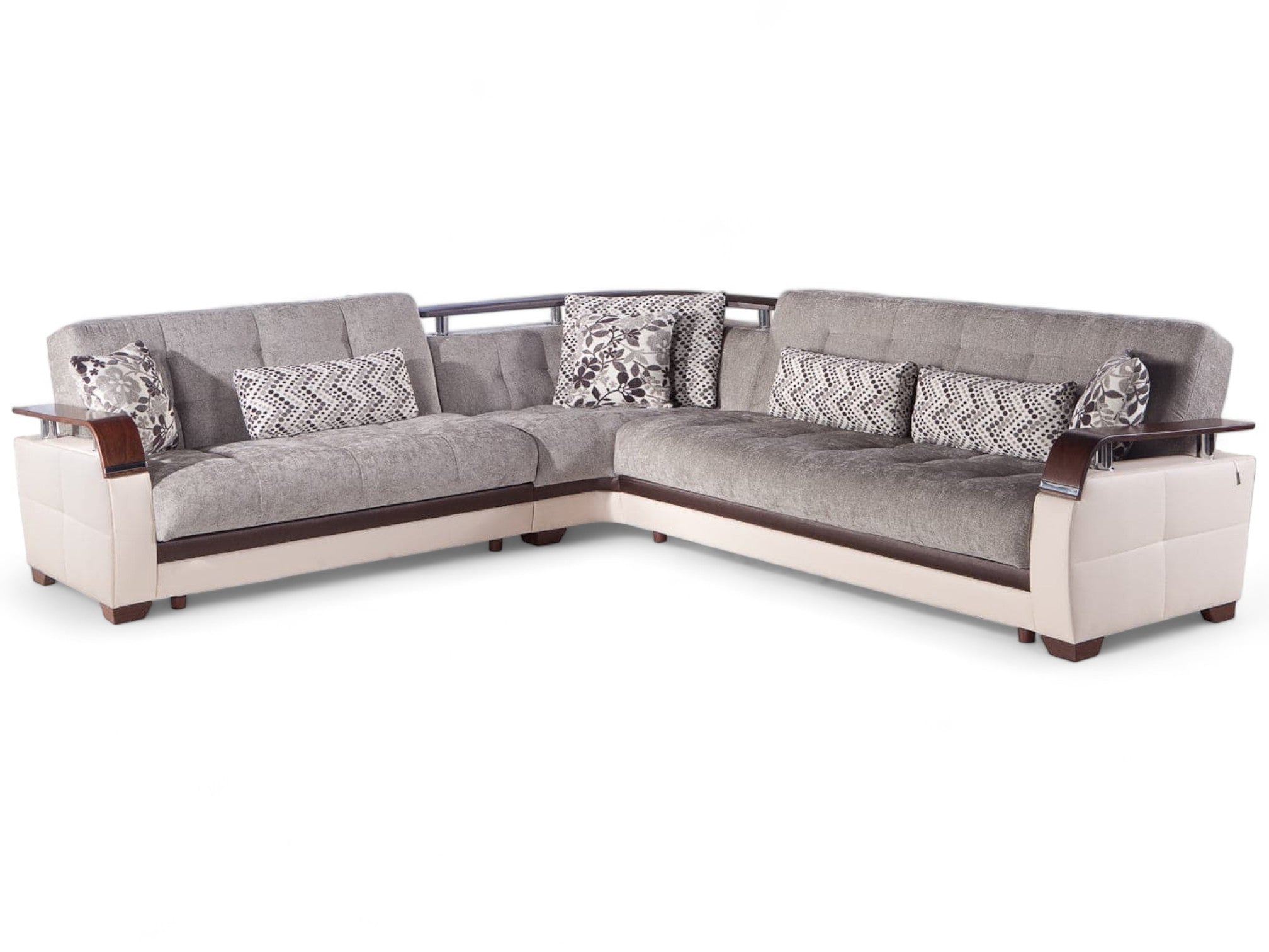 Natural Sectional Sofa with hidden storage, fold-down sleeper beds, and modern two-tone design with raised wood armrests