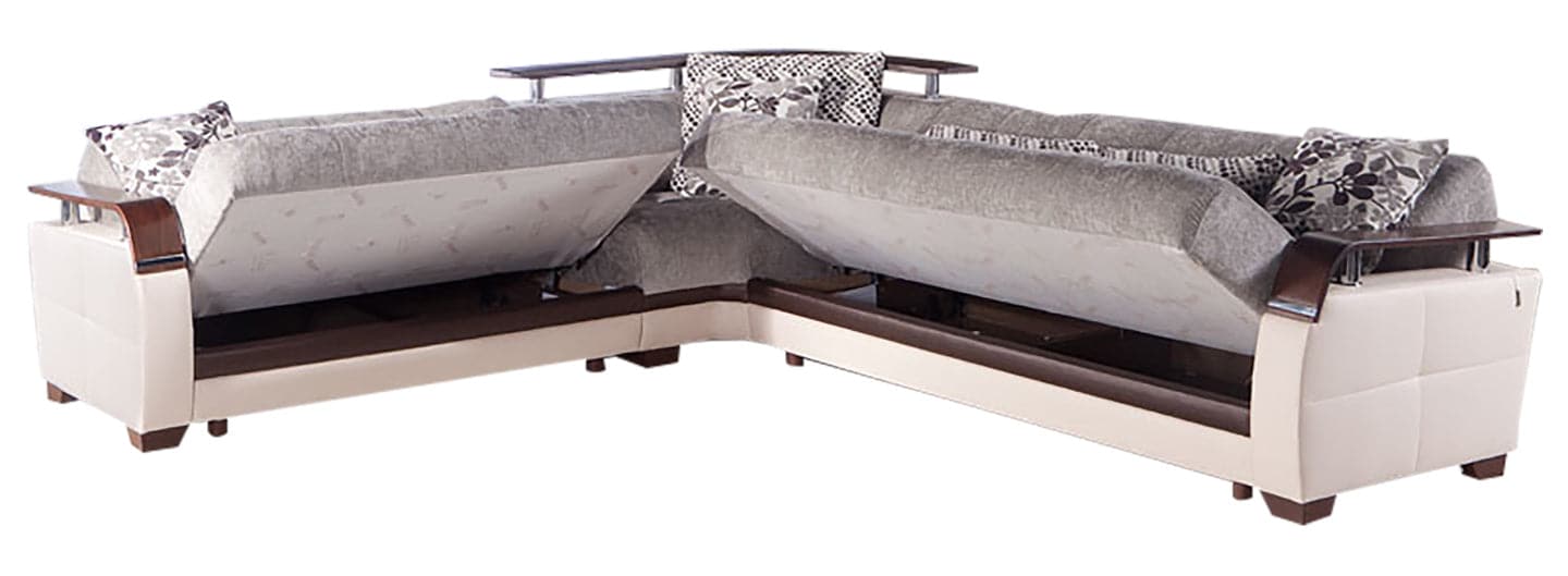 Natural sectional featuring fold-down sleeper beds for guest accommodations