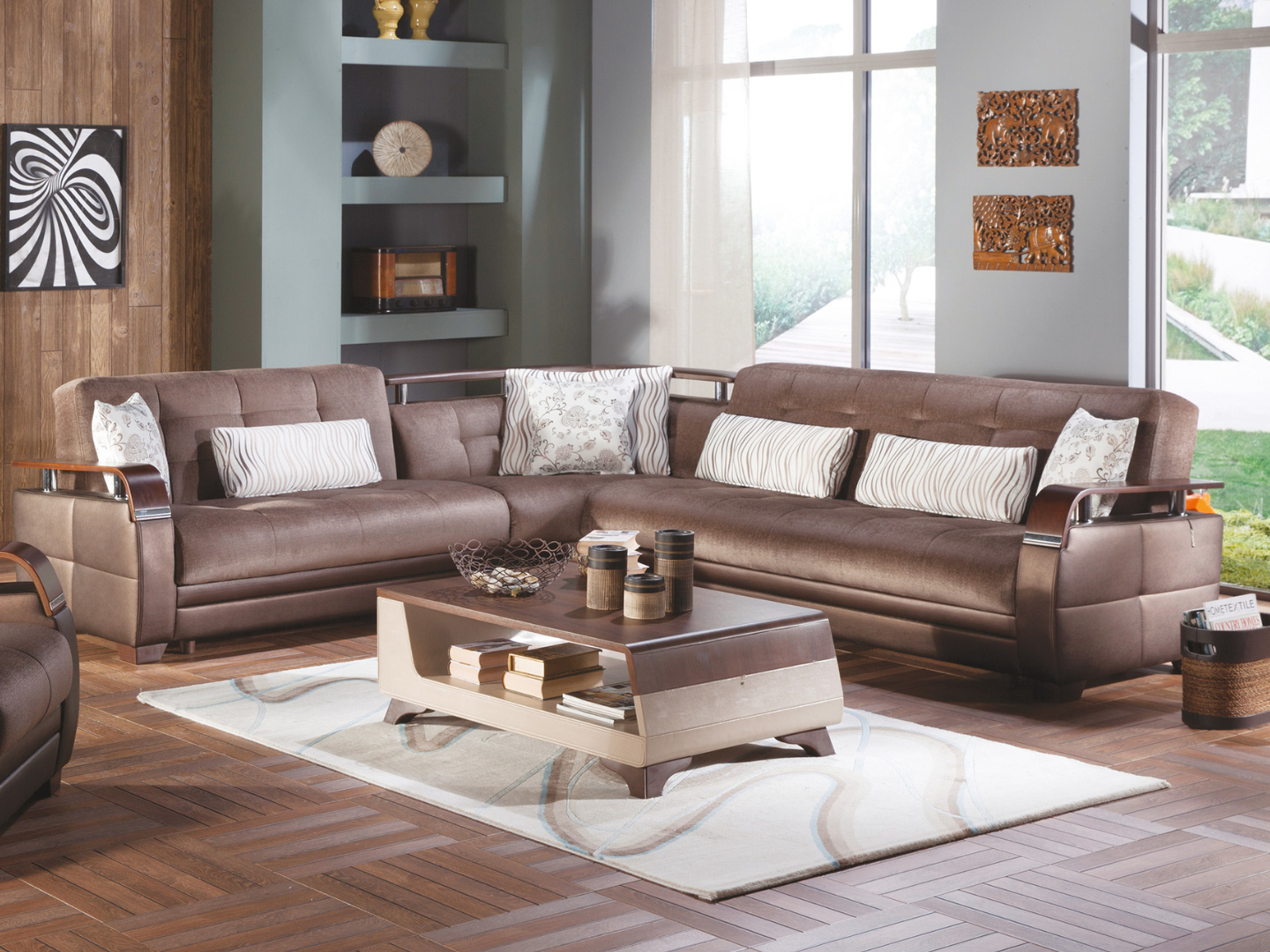 Natural sectional featuring a leatherette exterior paired with soft velvet interior