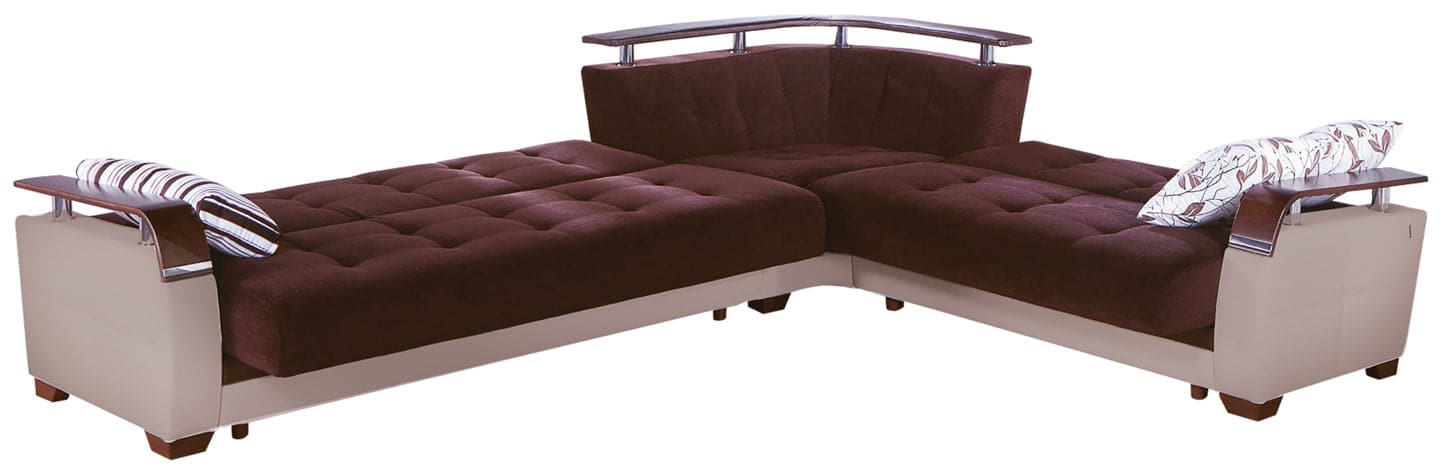 Natural sleeper sectional featuring two fold-down beds for overnight guests