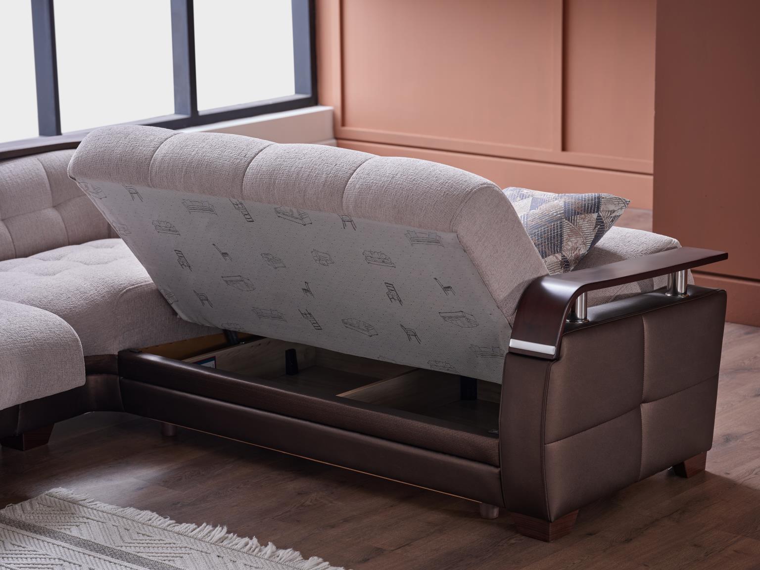 Nivus Beige Natural Sectional with hidden storage feature.