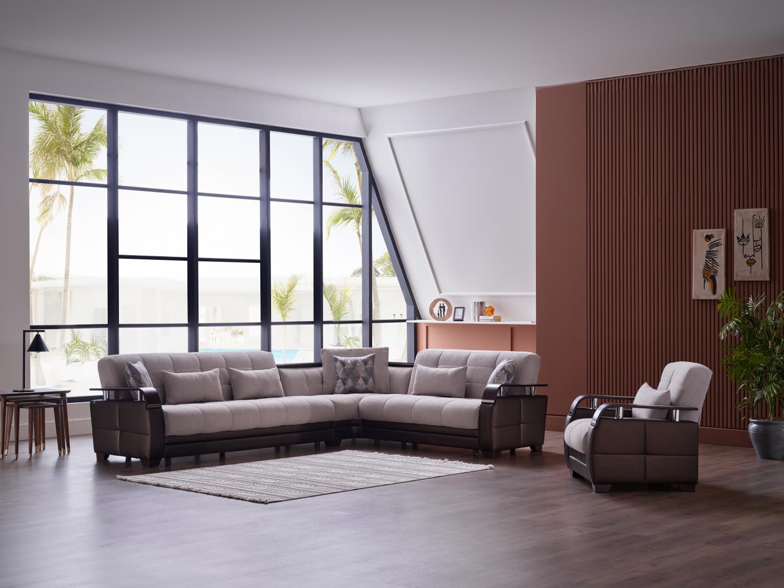 Nivus Beige Natural Sectional with raised wood armrests.