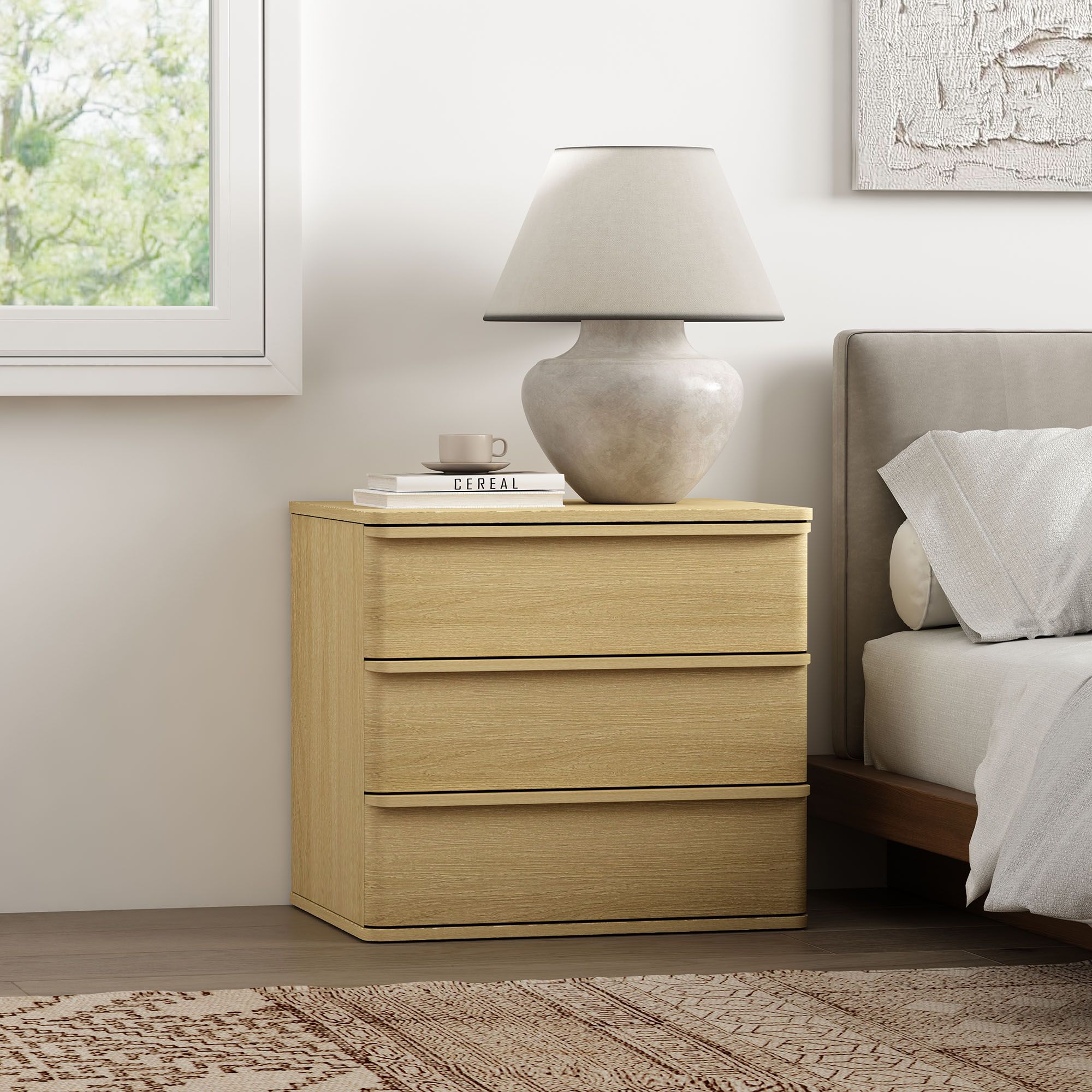 Molly Modern Nightstand with 3 Drawers in Natural Oak