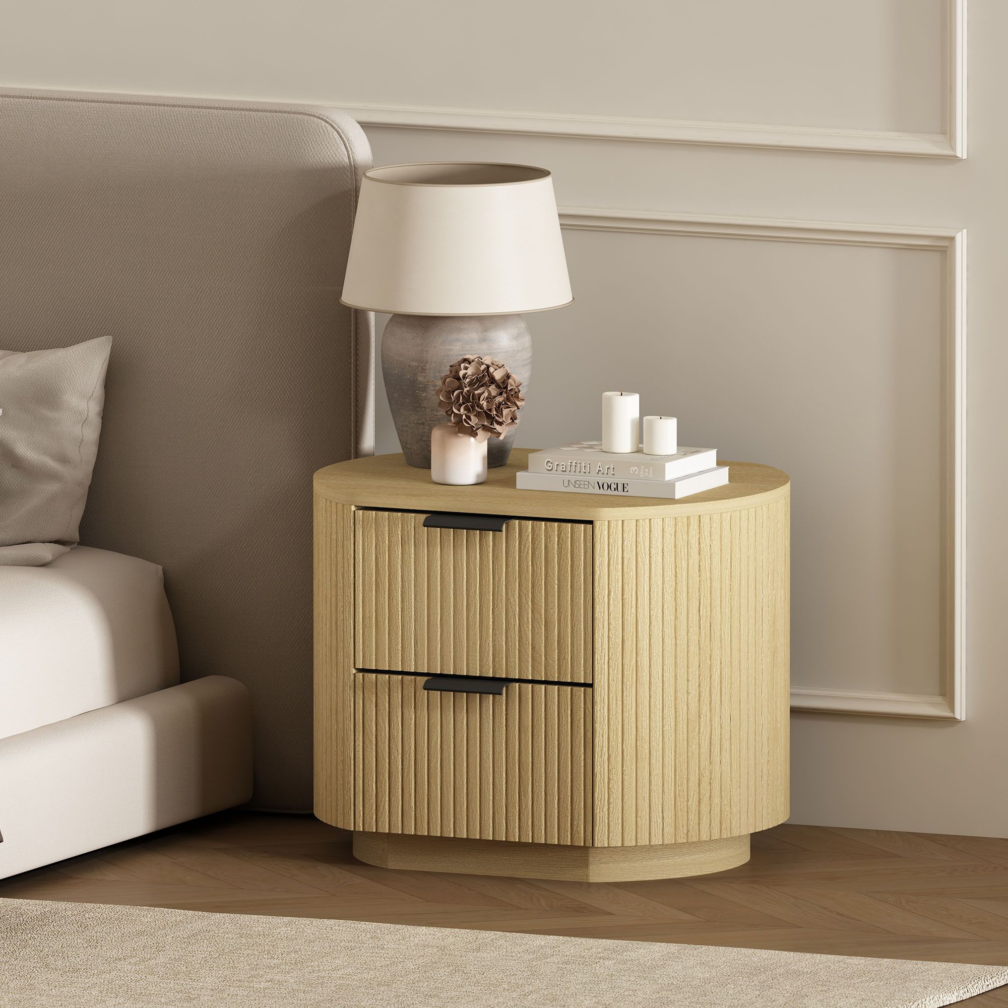 Olivia Modern Nightstand with 2 Drawers in Natural Oak and Black