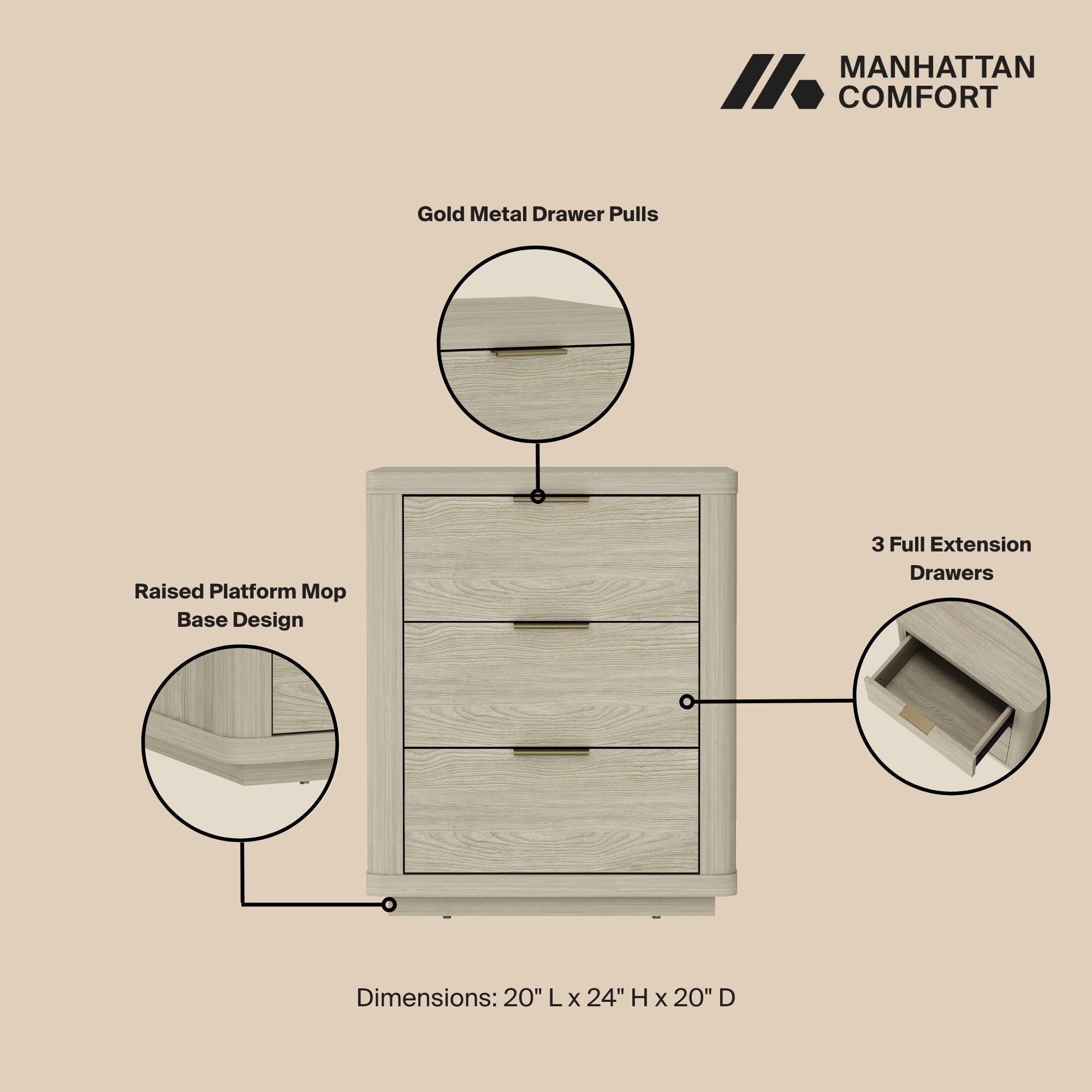 Evelyn Modern Nightstand with 3 Full Extension Drawers