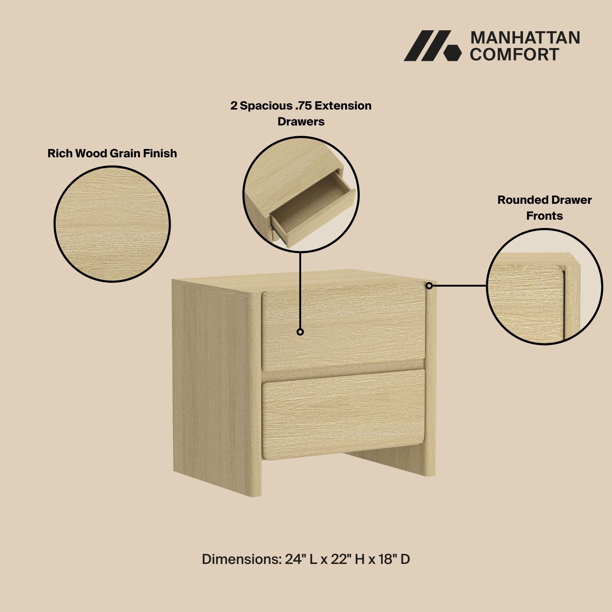 Linda Modern 24" Nightstand (2-Drawer)