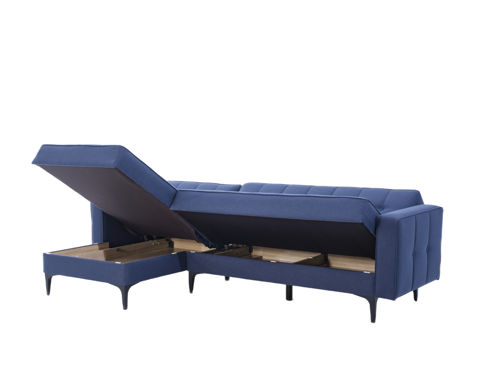 Trendy Parker Sectional Sofa in Corvet Navy with a modern design and nailhead trim. Perfect for adding a touch of sophistication and comfort to your home.