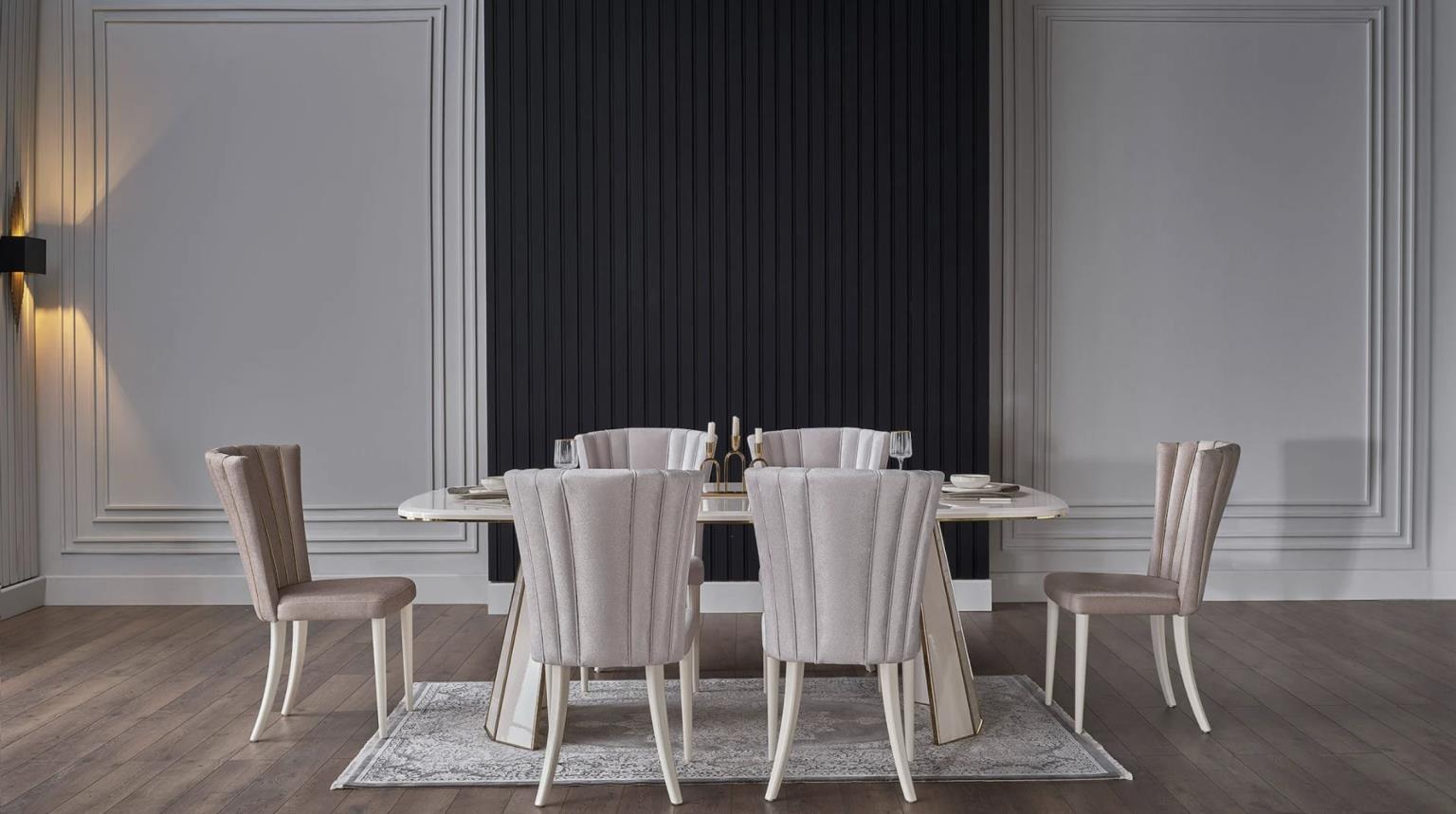 Detailed view of the Plaza dining table – wood-tempered surface and elegant design