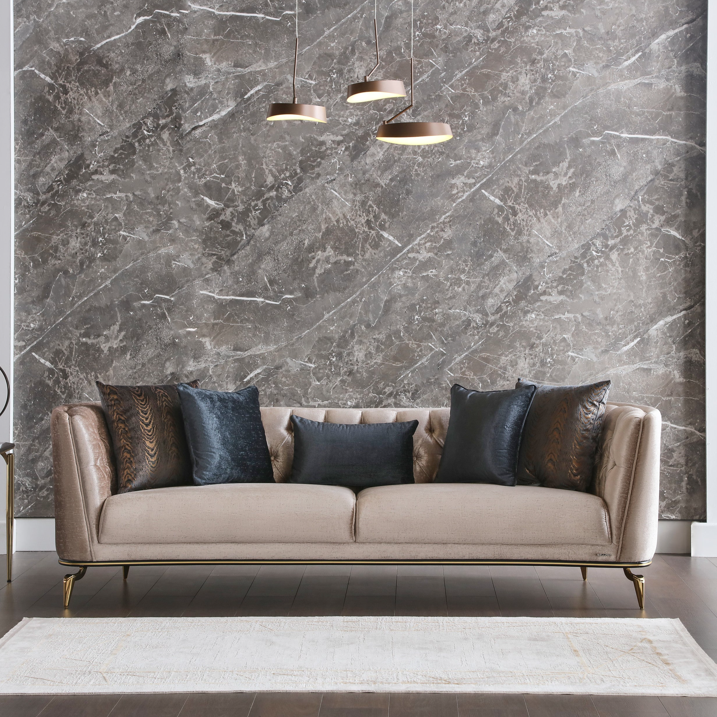 Enhance your living space with the Plaza Living Room Set, combining traditional charm with modern luxury. Featuring a solid wood frame and gold metal legs for a sophisticated touch.