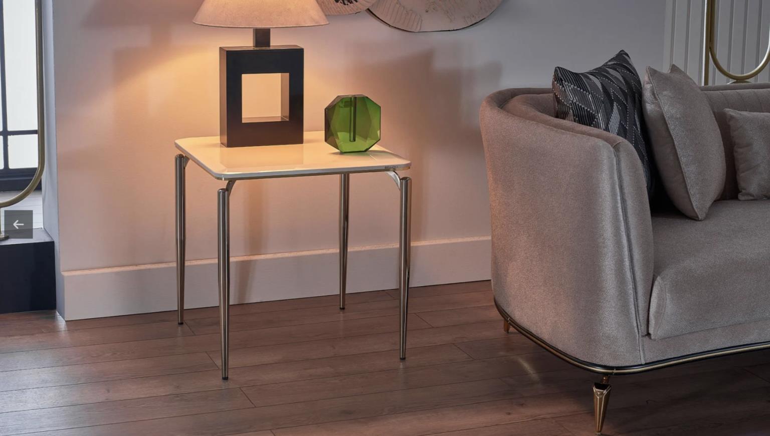 Plaza Side Table styled in a modern living room setting with neutral tones