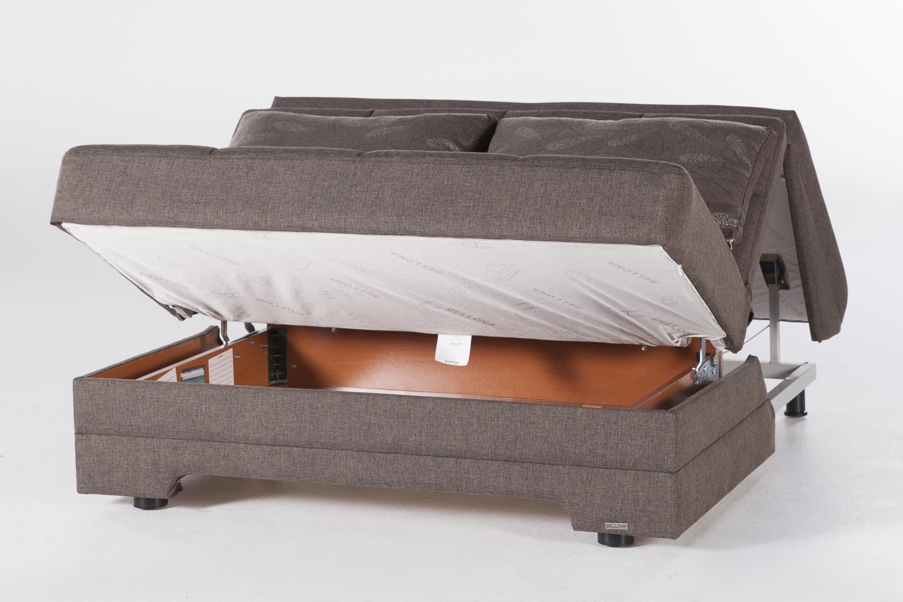 The Plush Loveseat in Astoral Light Brown combines modern elegance with functionality. It features built-in storage, a sleeper function, and removable back cushions, perfect for any contemporary home.