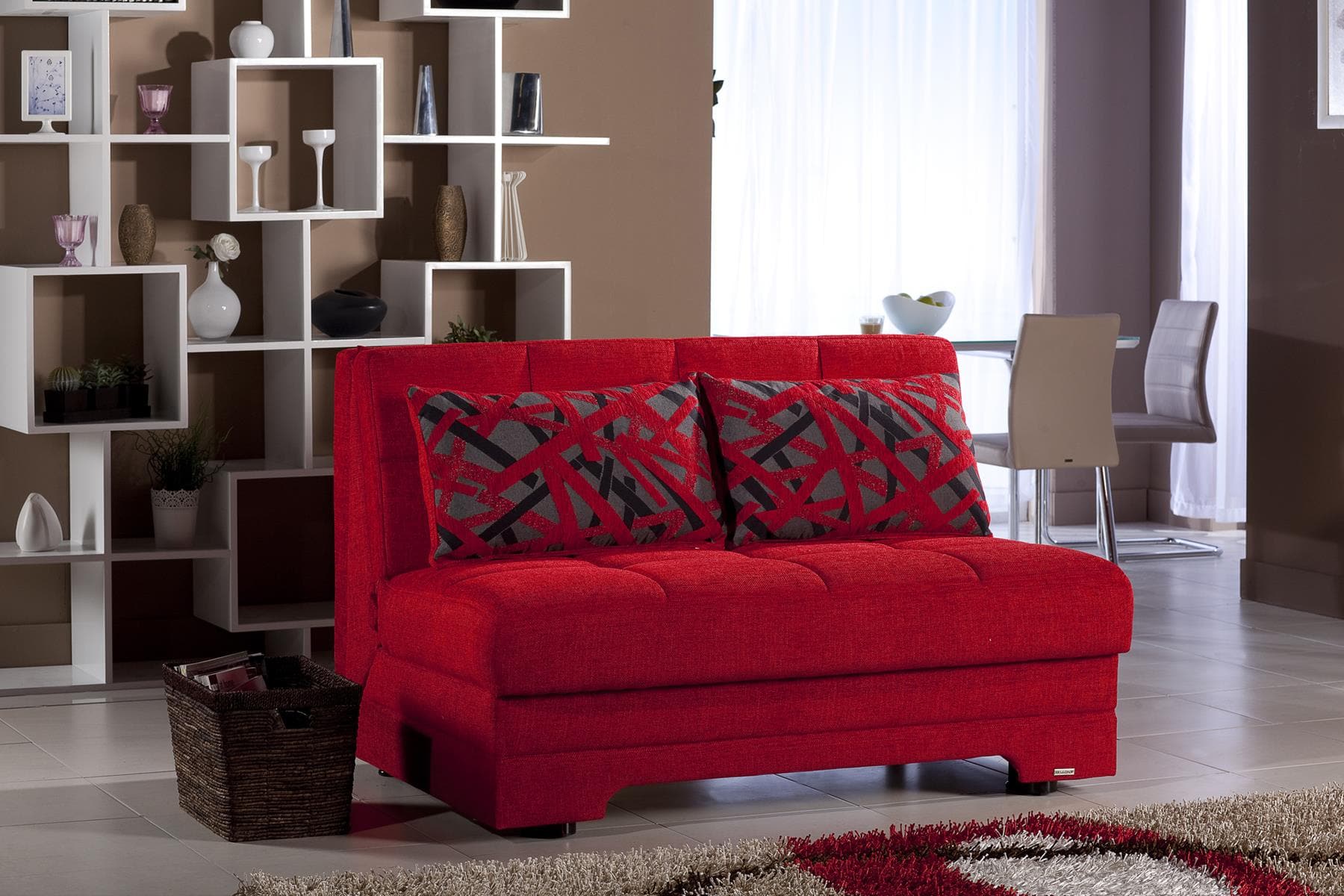 Add a vibrant touch to your living space with the Plush Loveseat in Story Red. Featuring modern design, built-in storage, and a sleeper function, this loveseat offers both style and practicality.