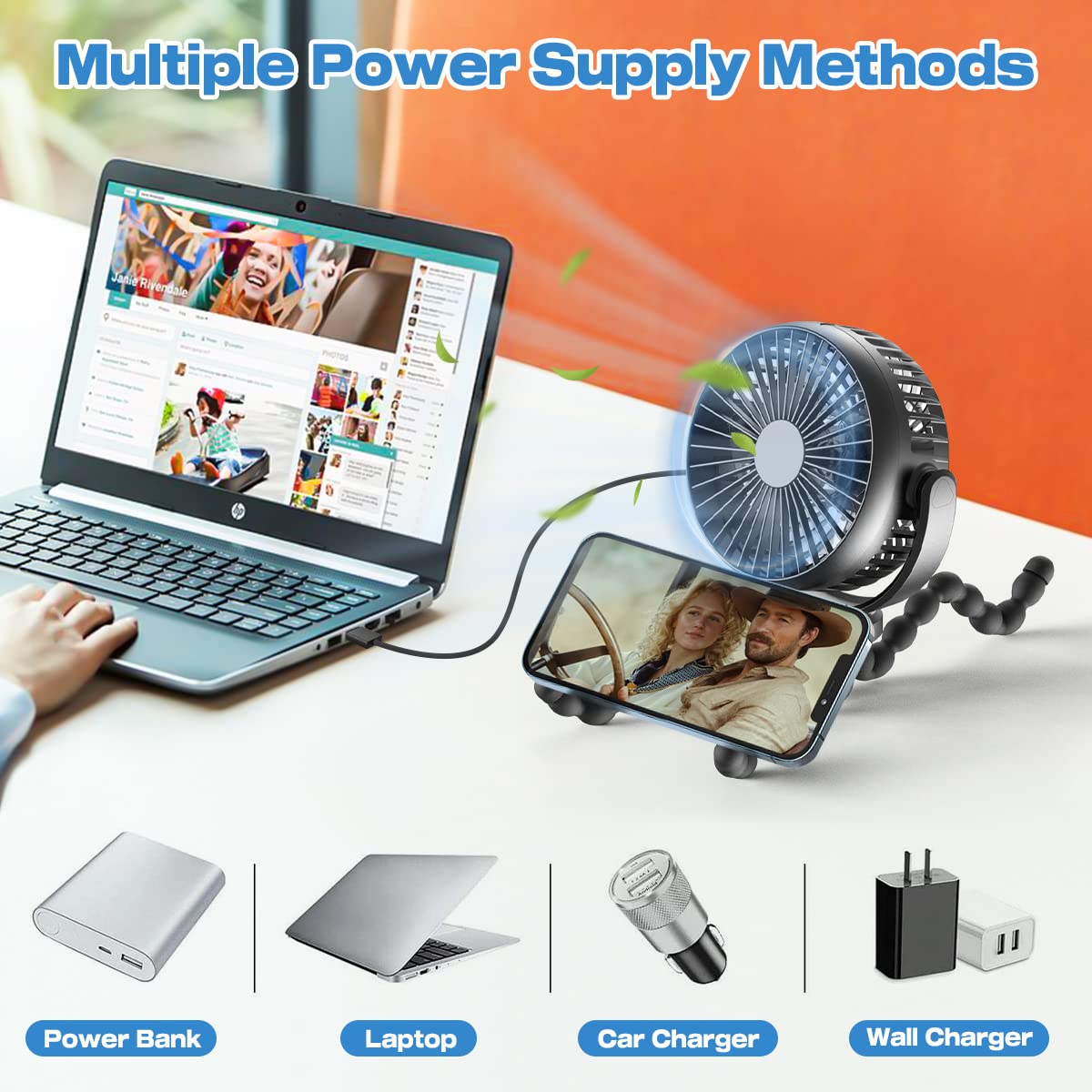 Portable Fan 8000mAh USB Rechargeable 4-Speed 360° Rotation