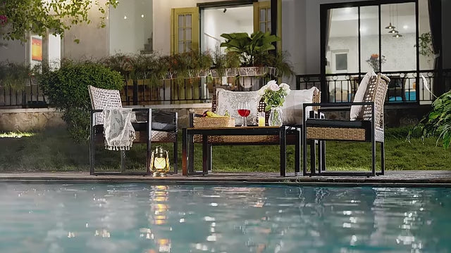 Load video: Lume Outdoor Acacia 4-Piece Wicker Sofa Set with Table Brown