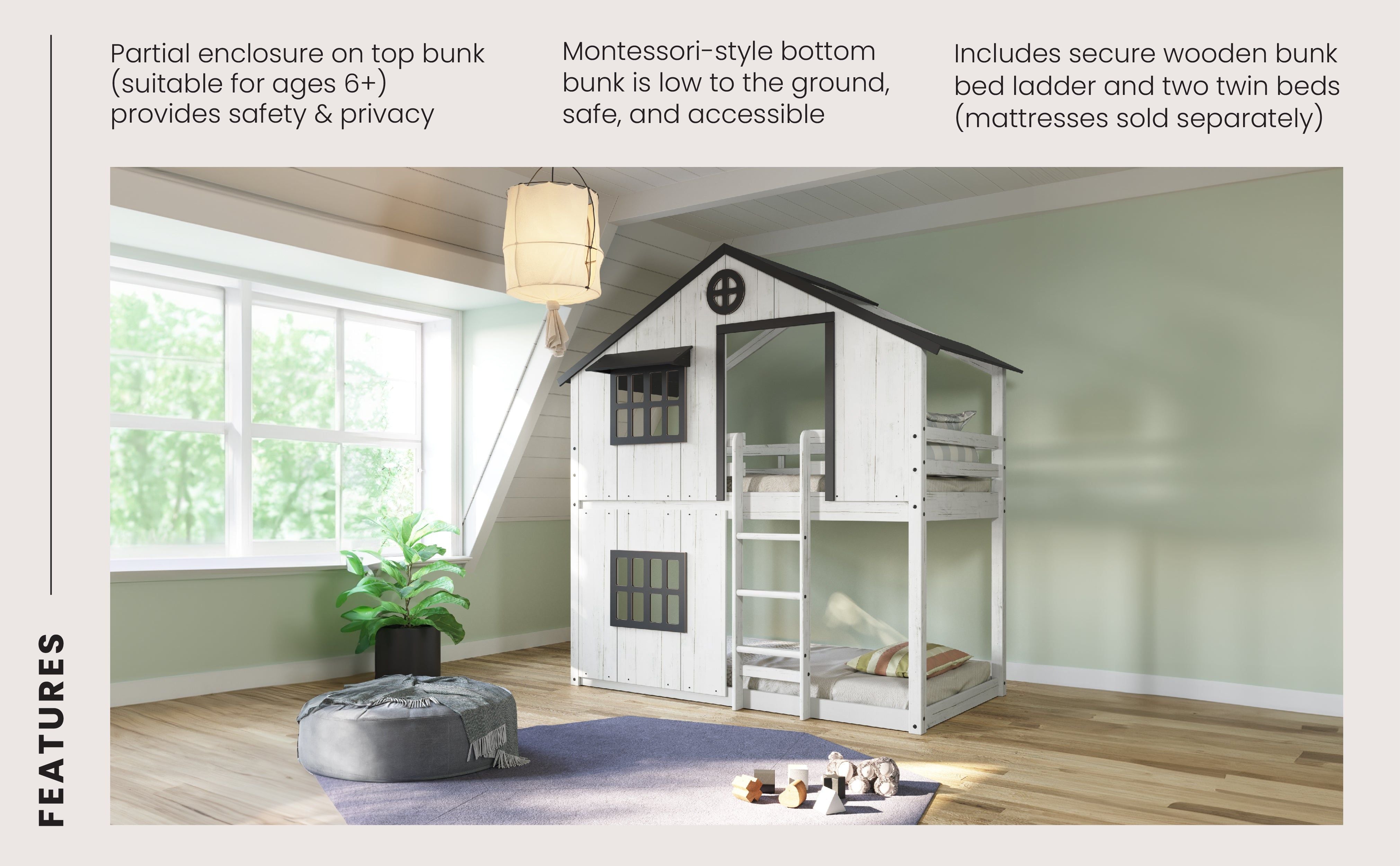 Modern Farmhouse Twin Over Twin Bunk Bed, White/Black