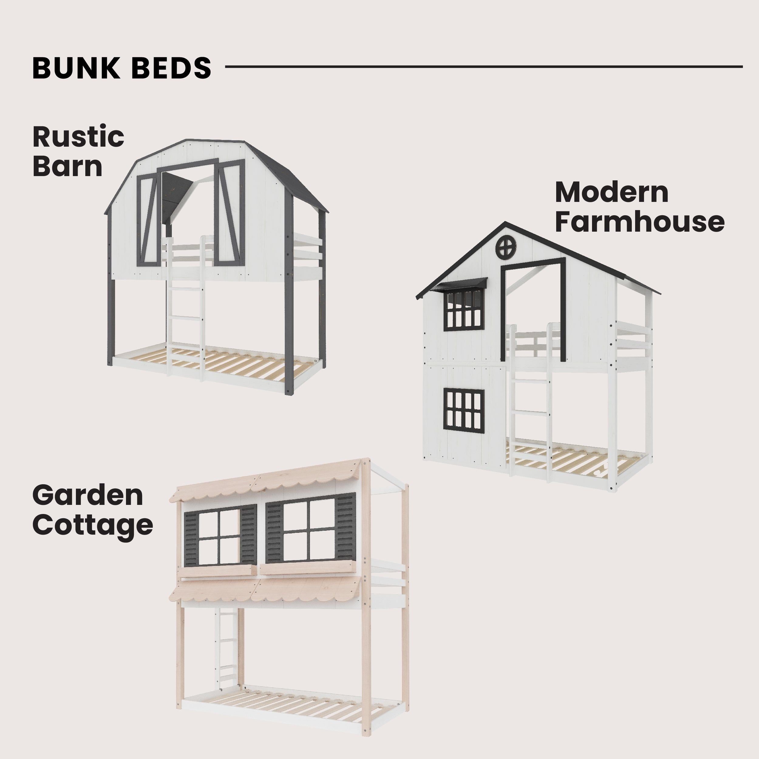 Modern Farmhouse Twin Over Twin Bunk Bed, White/Black