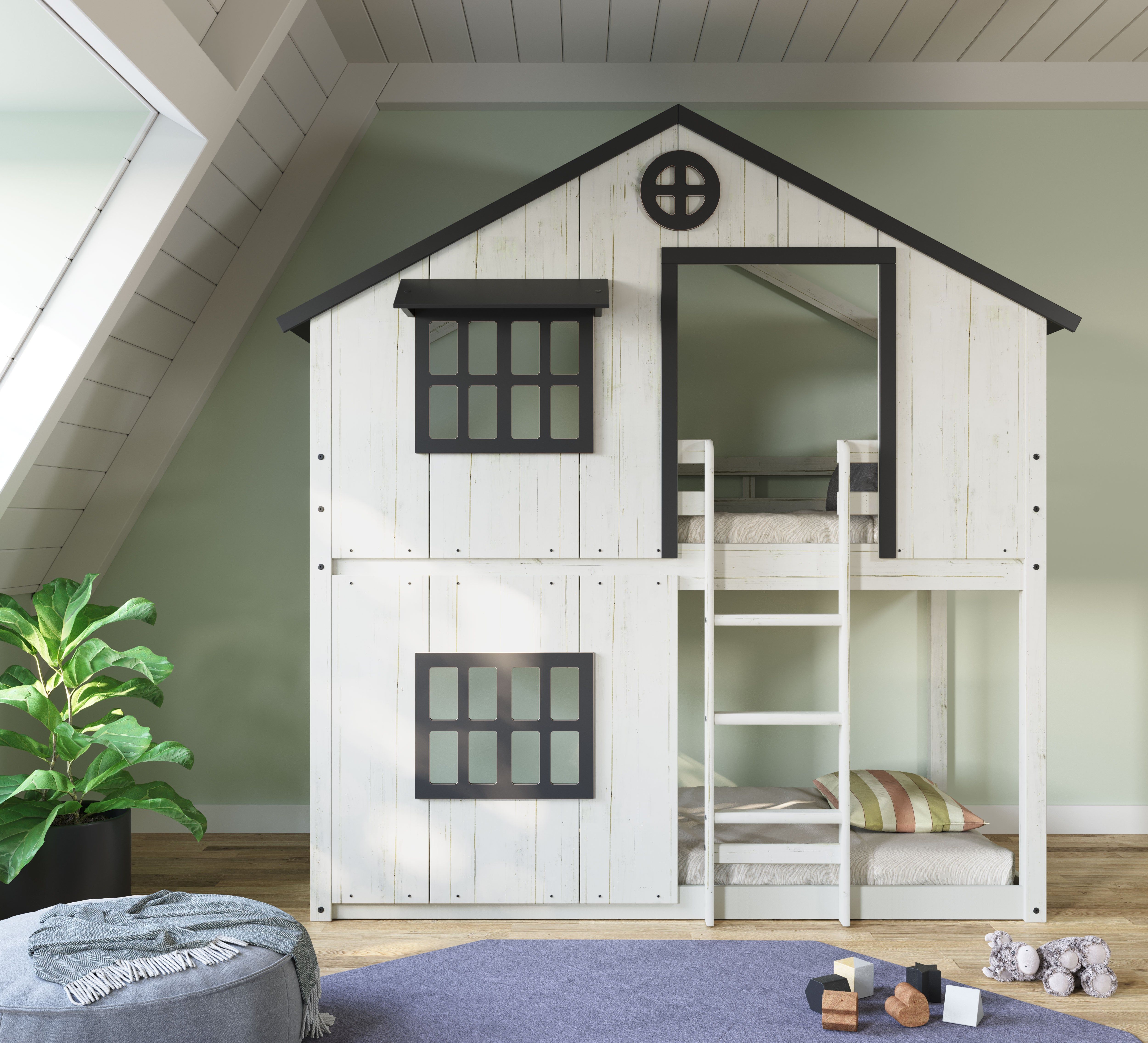 Modern Farmhouse Twin Over Twin Bunk Bed, White/Black