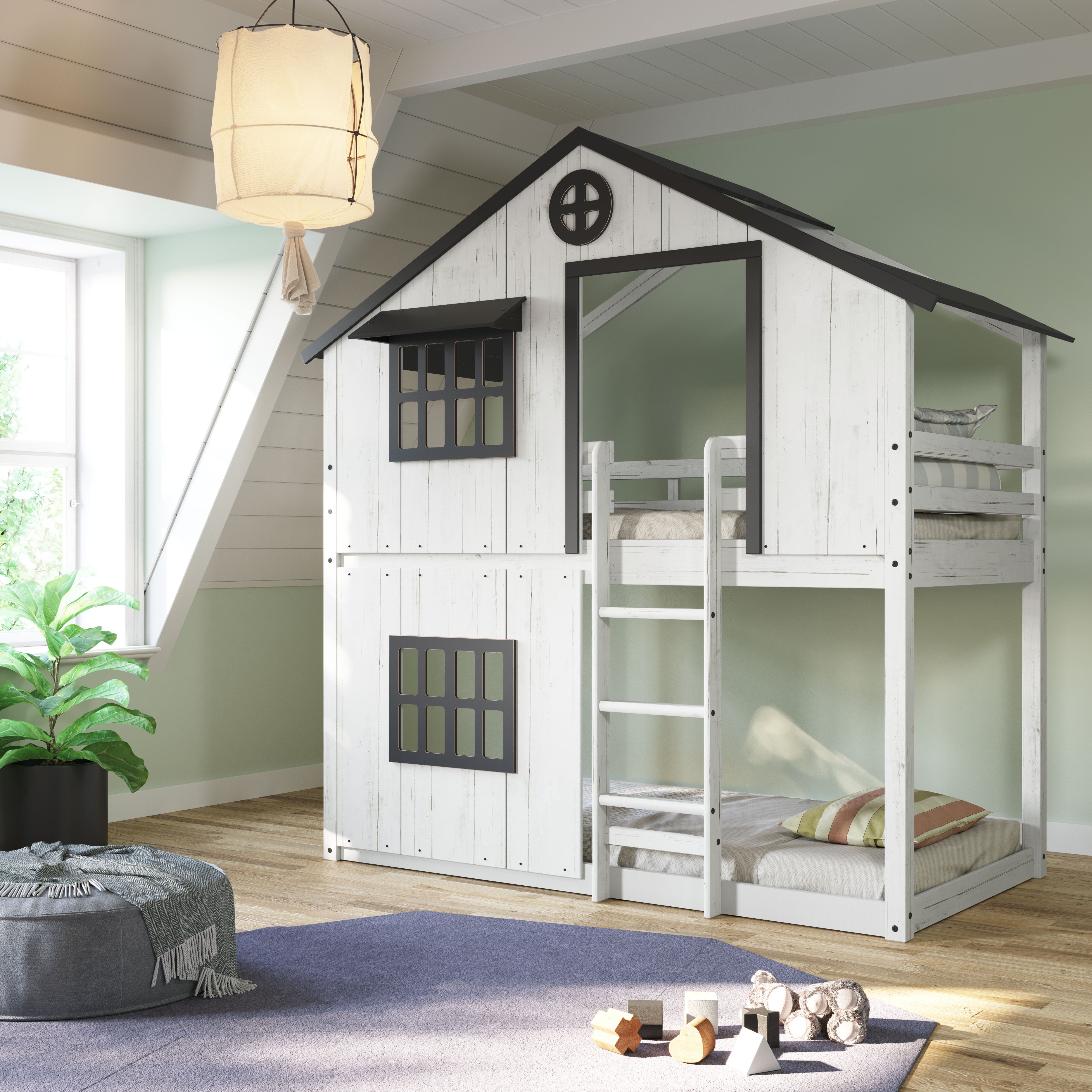 Modern Farmhouse Twin Over Twin Bunk Bed, White/Black