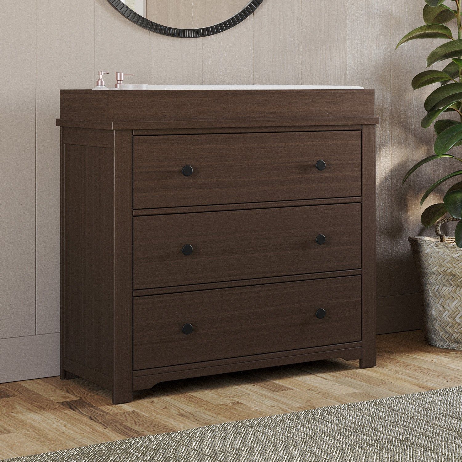 Harmony 3-Drawer Dresser With Changing Table Topper, Brushed Truffle