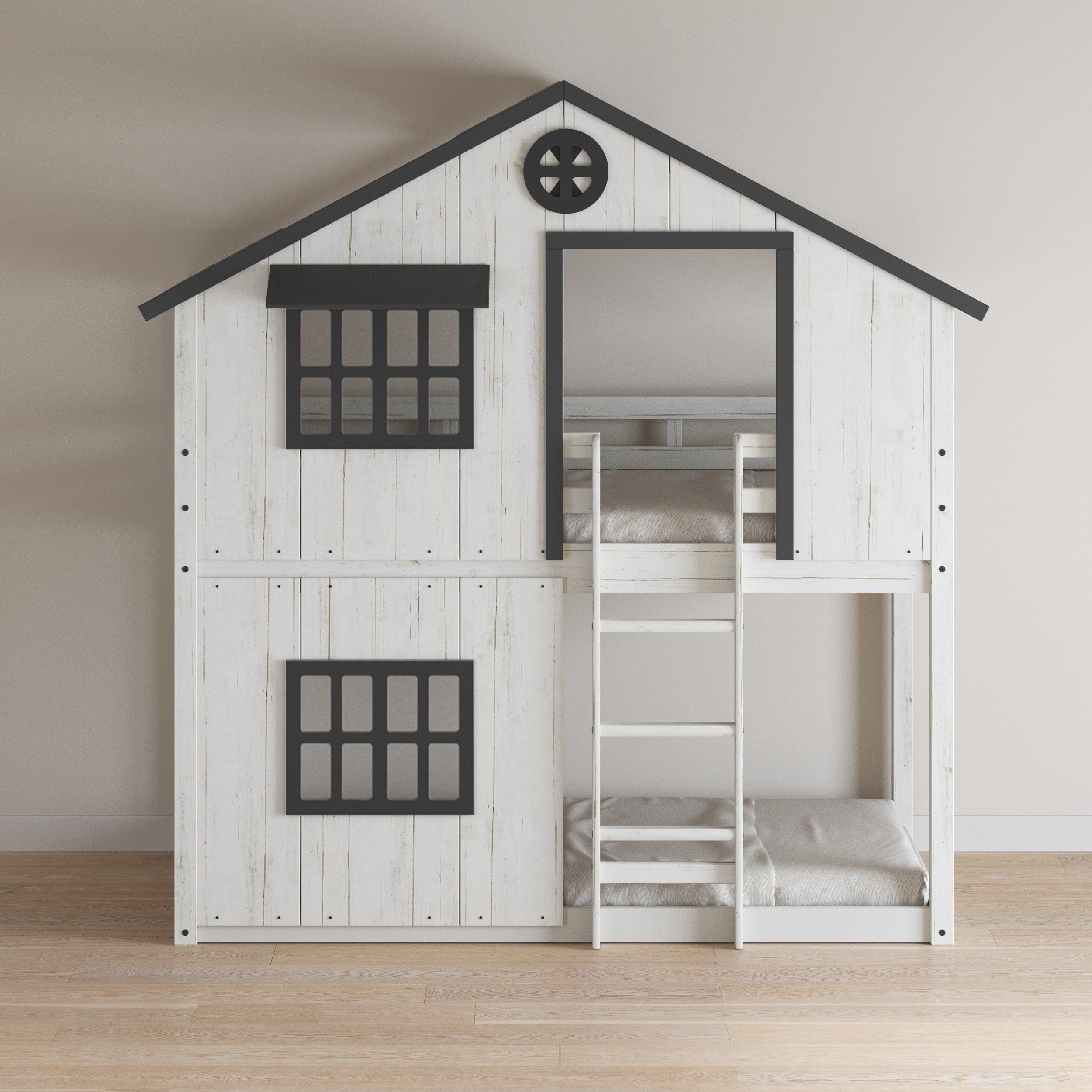 Modern Farmhouse Twin Over Twin Bunk Bed, White/Black