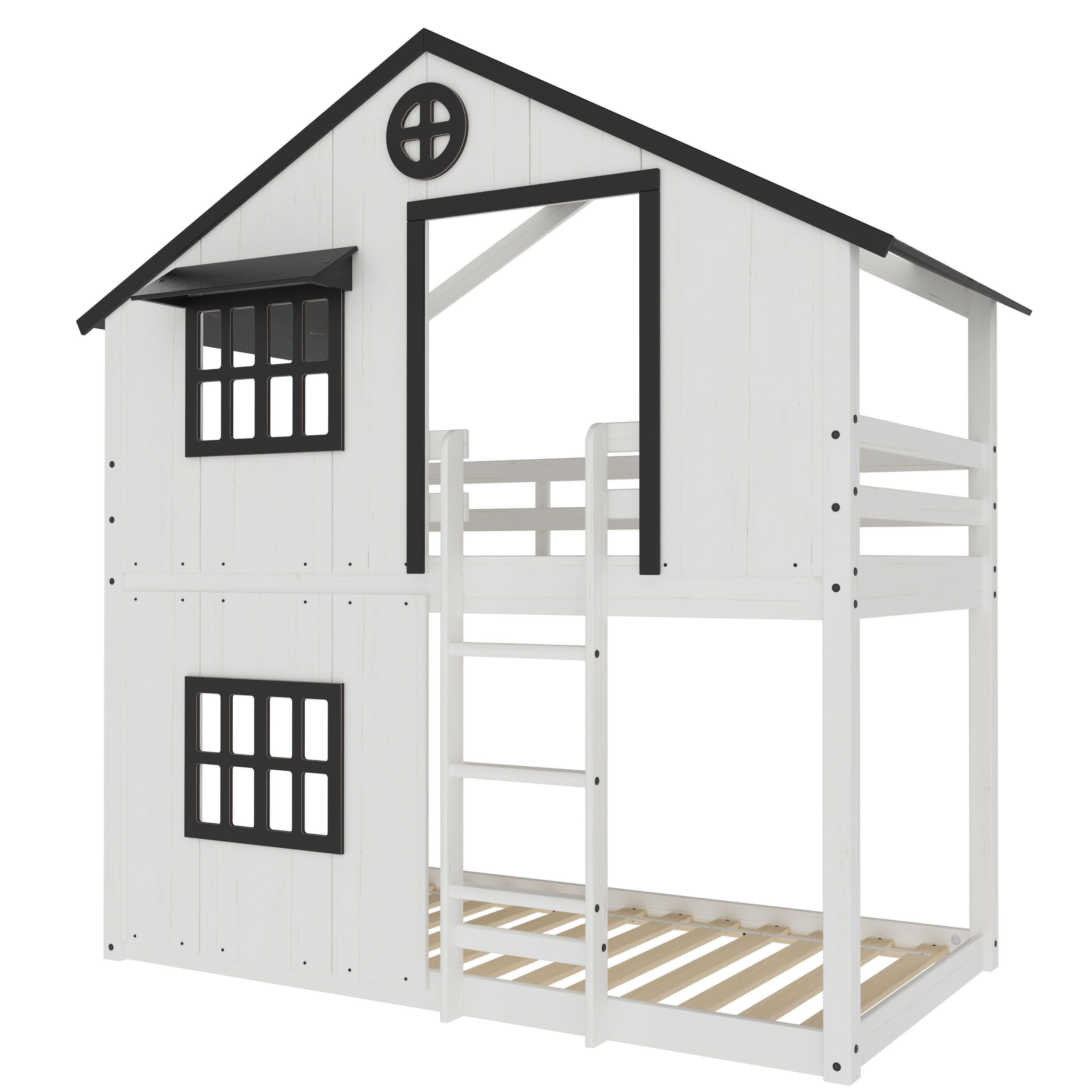 Modern Farmhouse Twin Over Twin Bunk Bed, White/Black