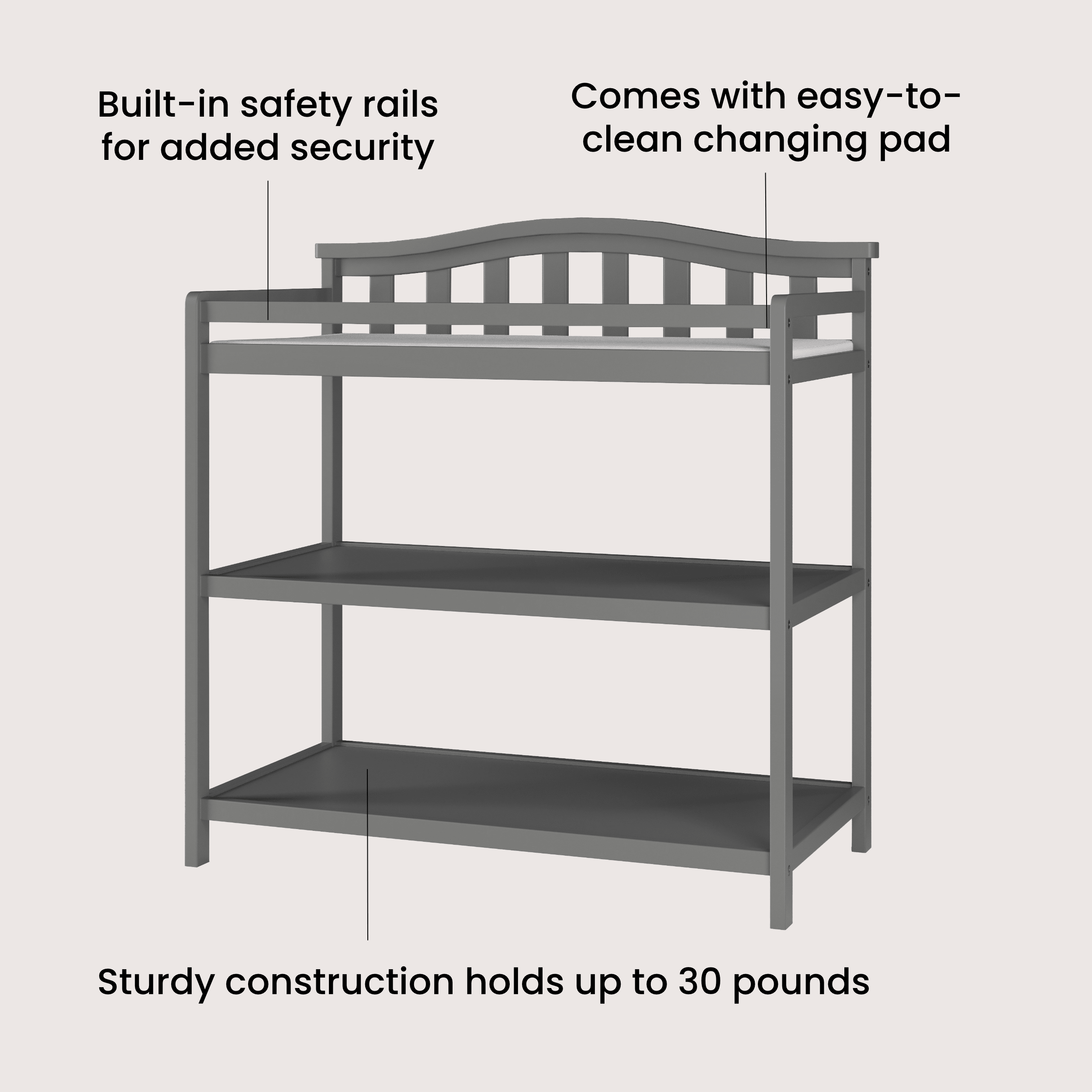 Arch Top Baby Changing Table, Cool Gray