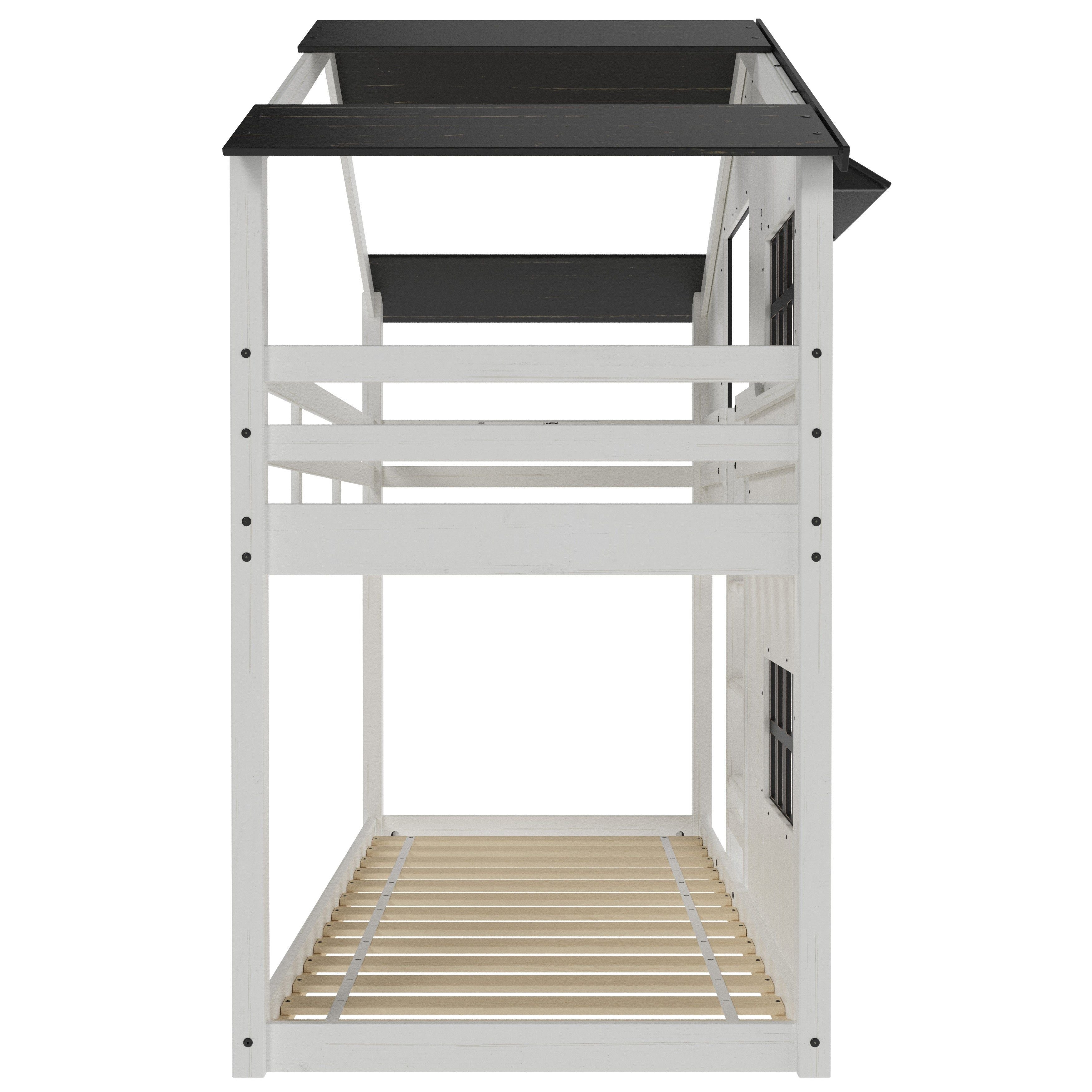 Modern Farmhouse Twin Over Twin Bunk Bed, White/Black