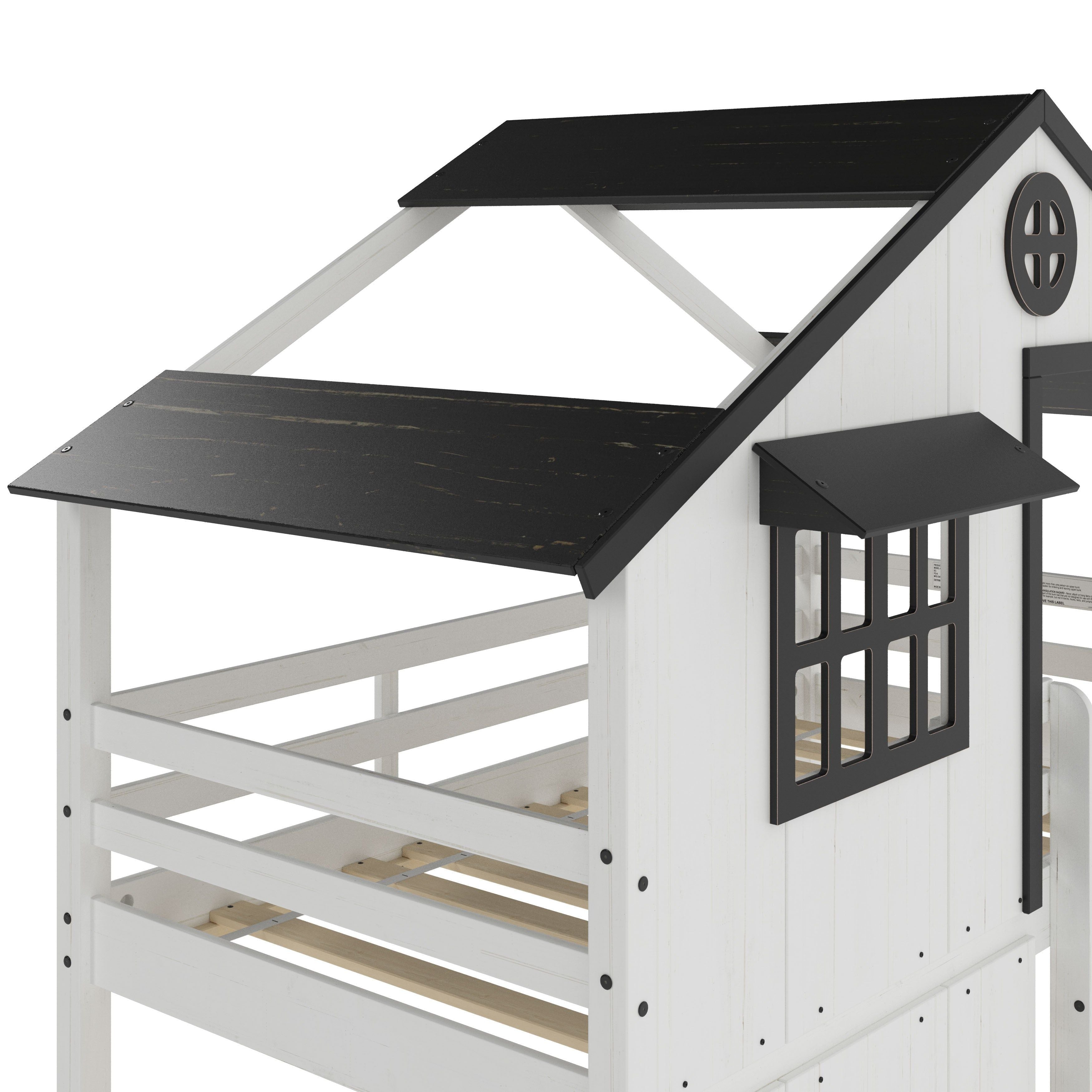 Modern Farmhouse Twin Over Twin Bunk Bed, White/Black