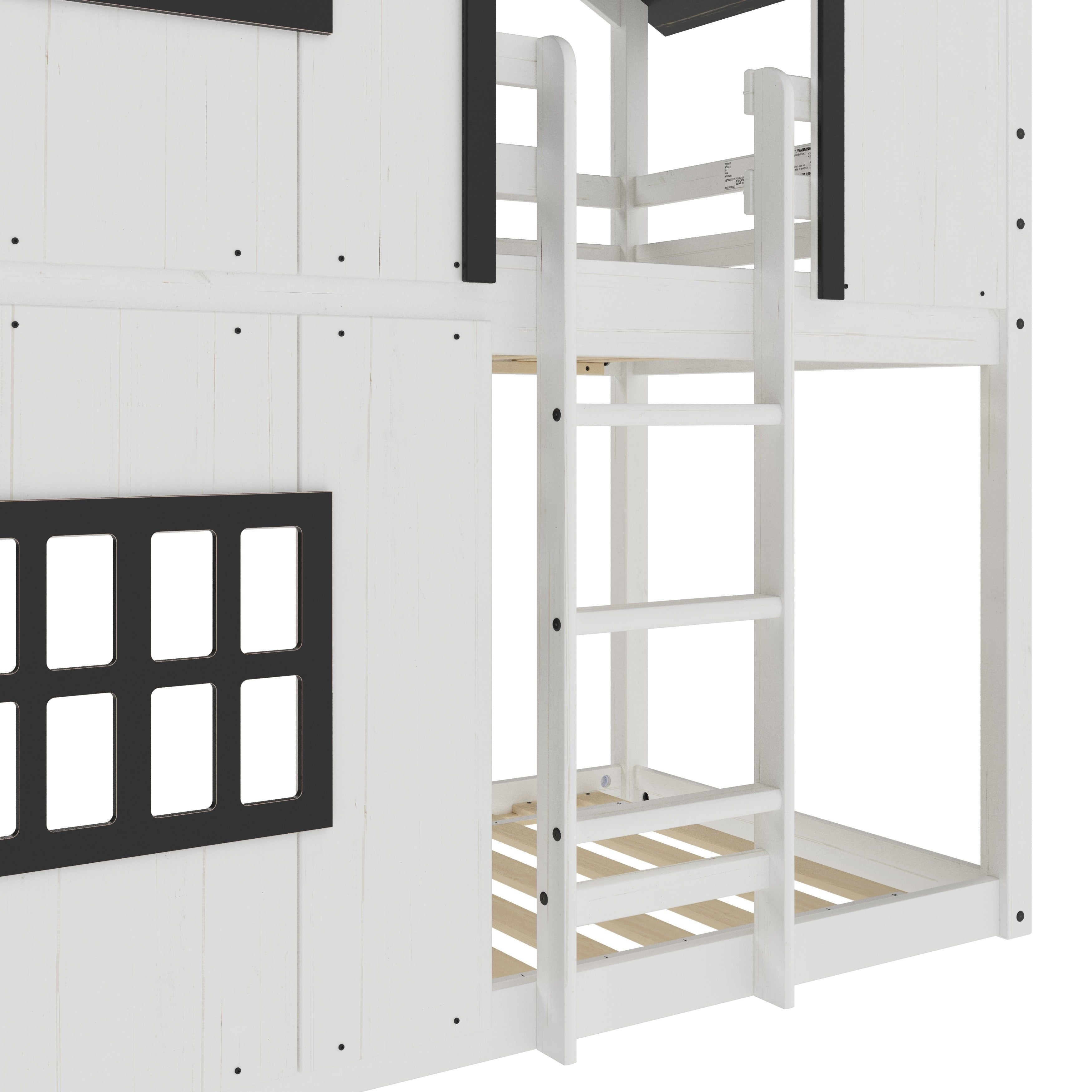 Modern Farmhouse Twin Over Twin Bunk Bed, White/Black