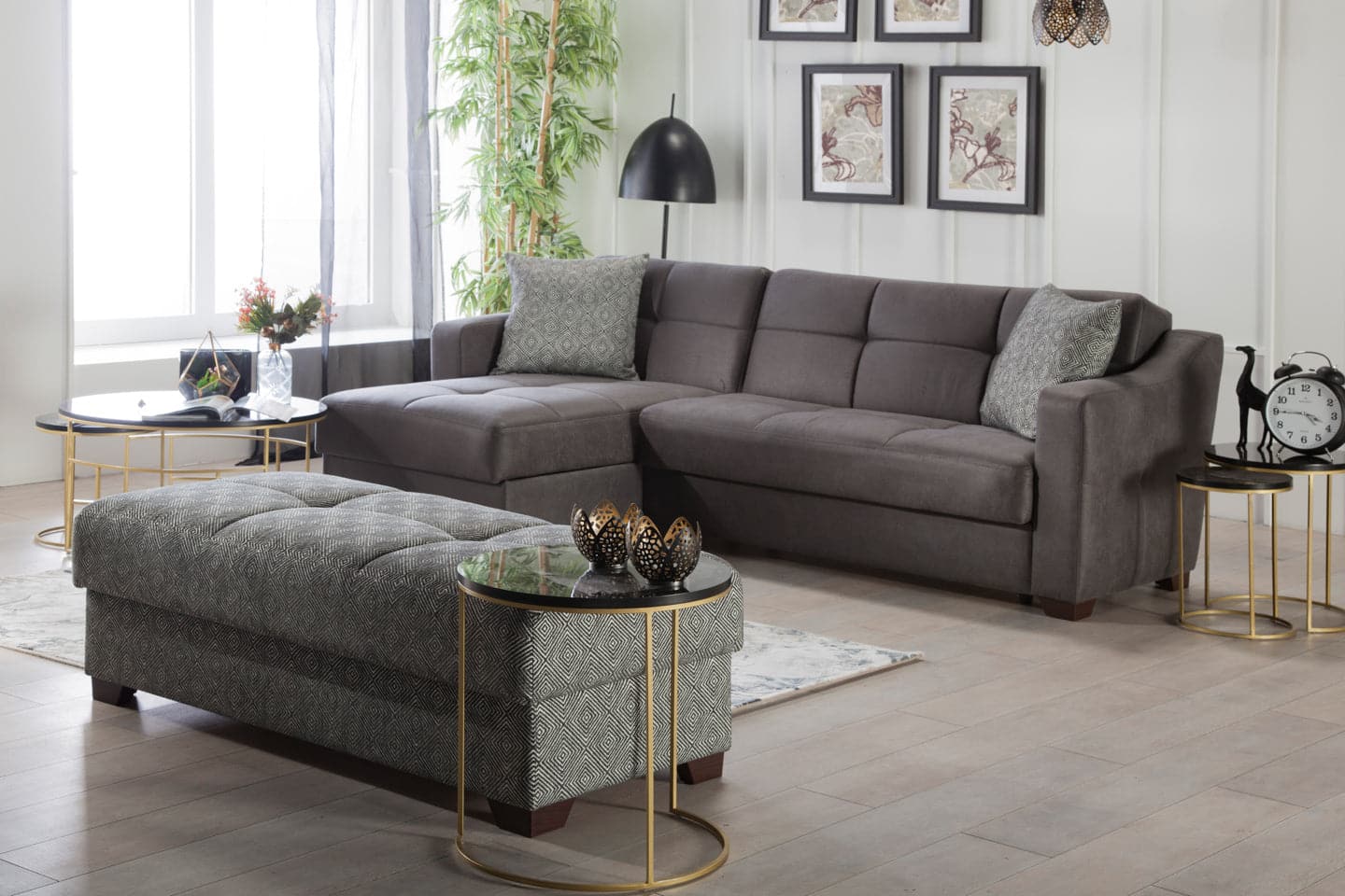 Tahoe Sectional with chaise lounge, button-tufting, and built-in storage.