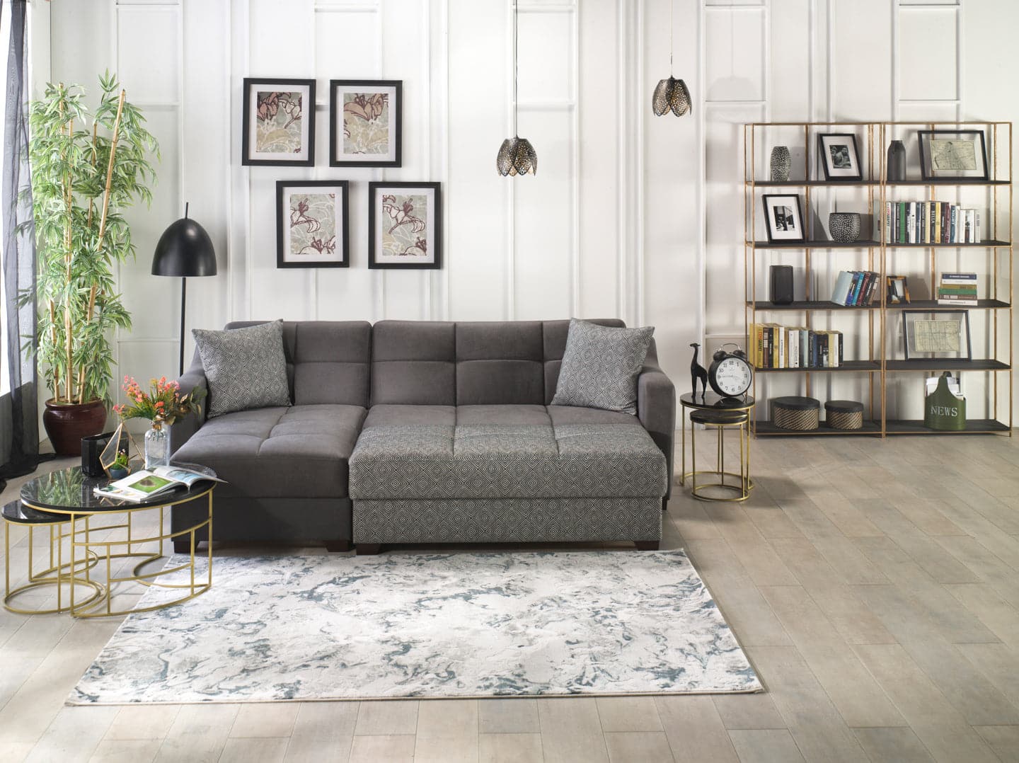 Tahoe Sectional with a geometric ottoman and sleeper functionality