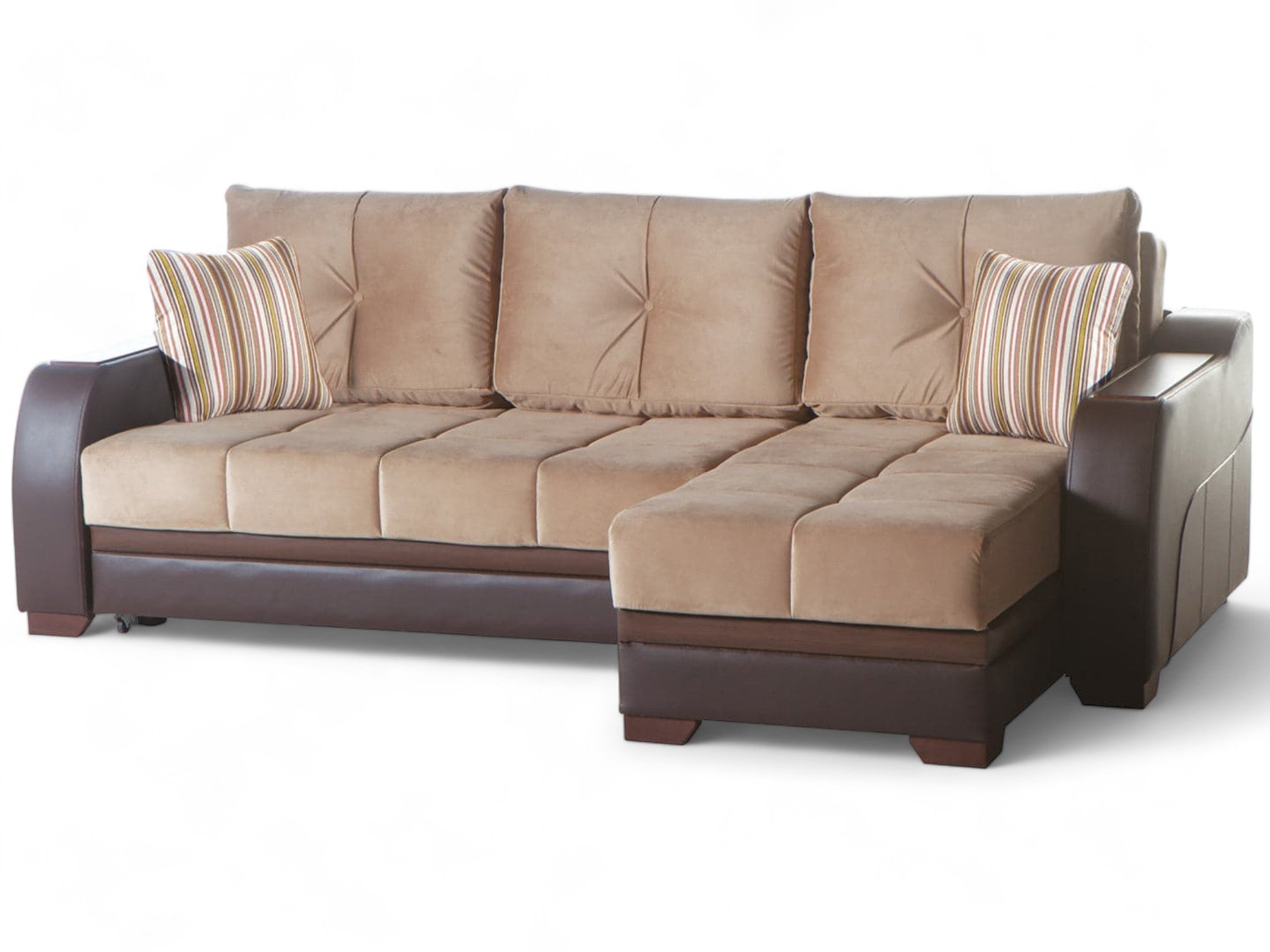 Ultra sectional sofa with a contemporary leatherette exterior and wood detailing