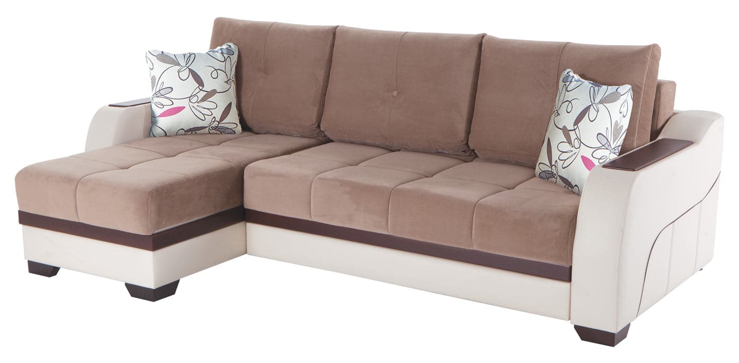 Ultra sectional sofa with a contemporary leatherette exterior and wood detailing