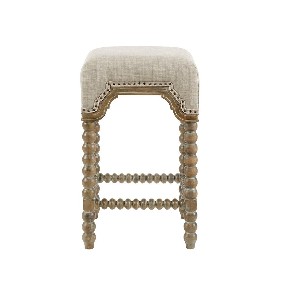 Upholstered Square Counter Stool with Nailhead TrimTurned Legsand Footrest