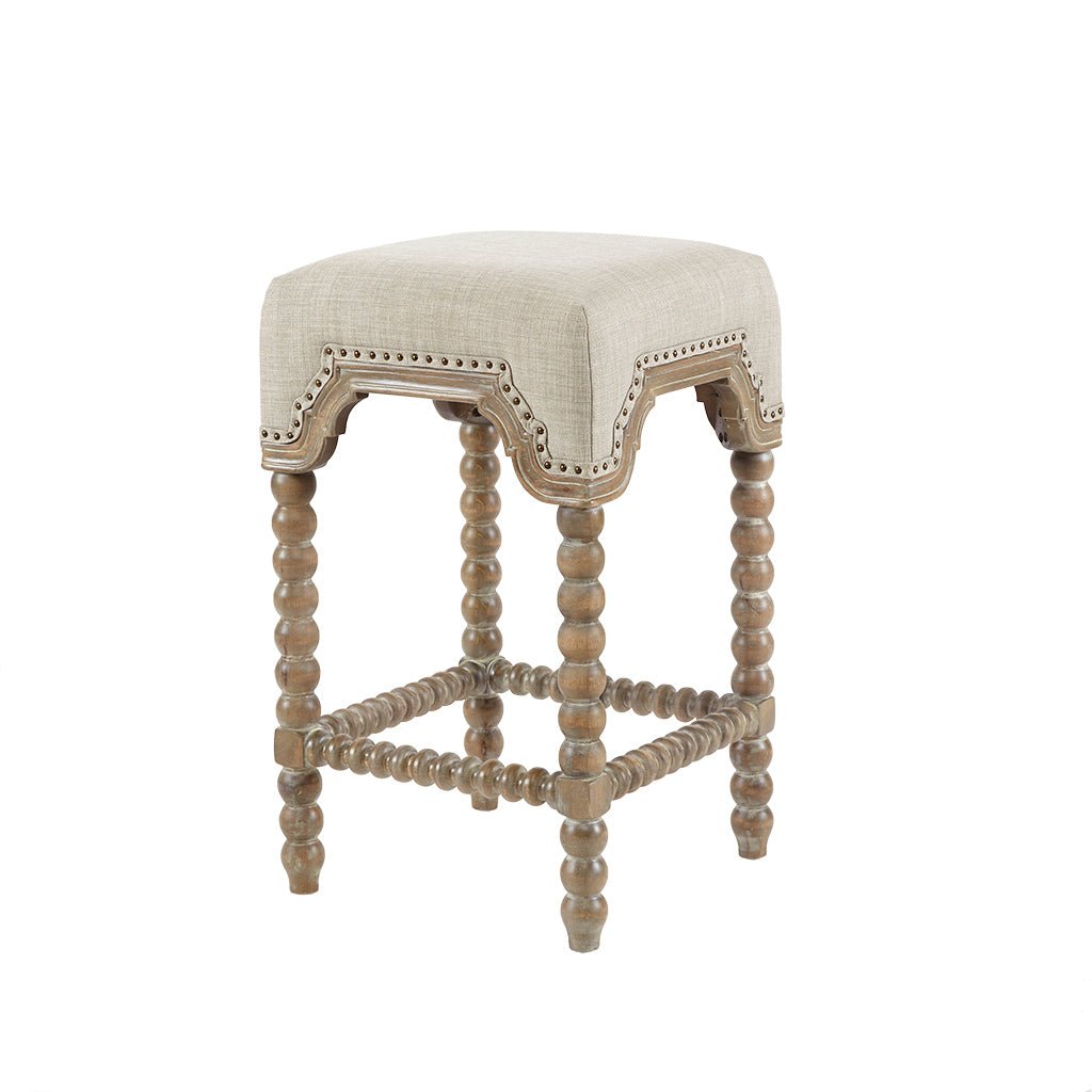 Upholstered Square Counter Stool with Nailhead TrimTurned Legsand Footrest