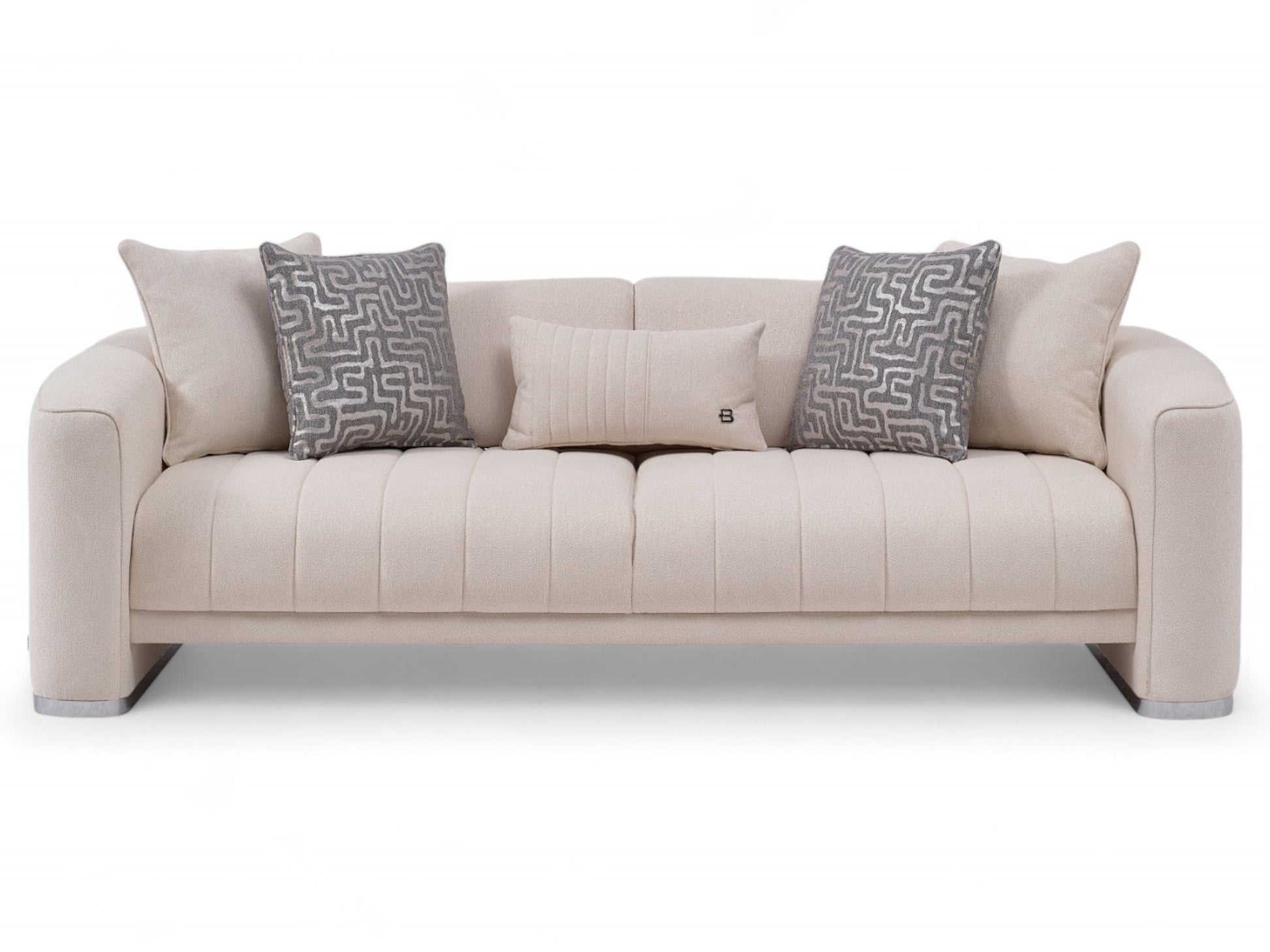 Venice Living Room Set with round arms, chrome legs, and soft Chanelle fabric for a modern touch.