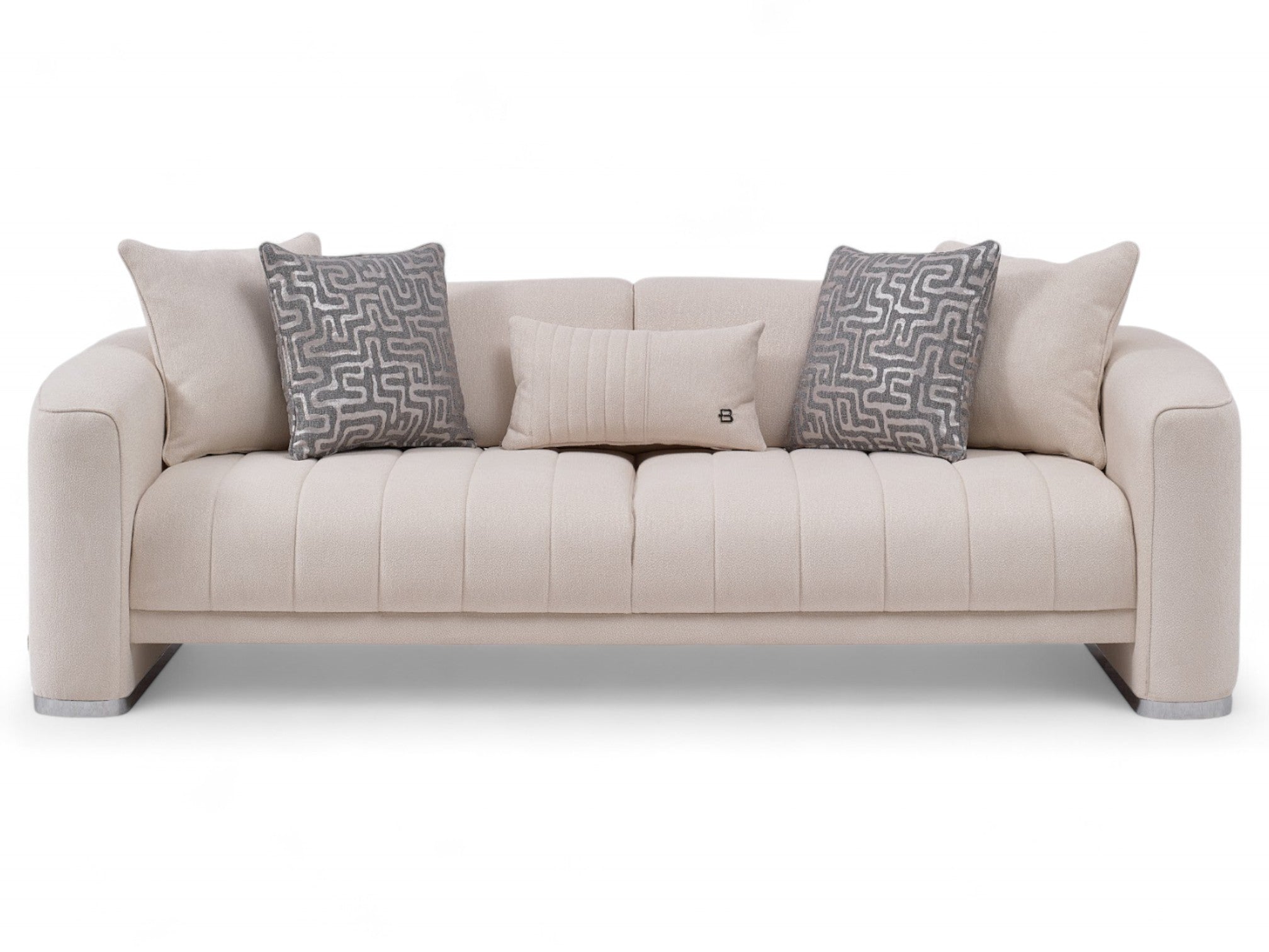 Venice Living Room Set with round arms, chrome legs, and soft Chanelle fabric for a modern touch.