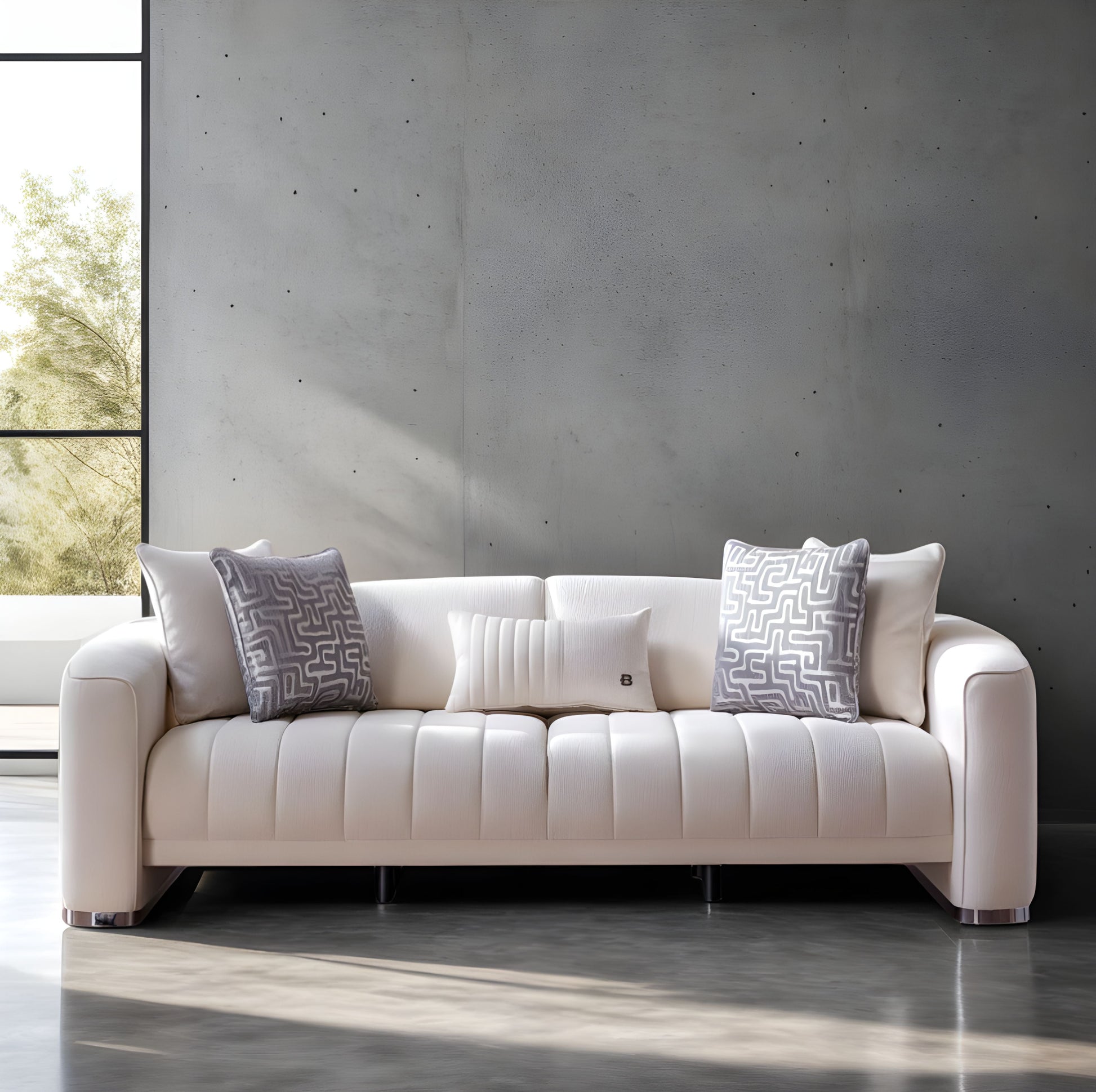 Venice Living Room Set with sleek chrome legs and high-quality Merit Cream fabric for a luxurious touch.