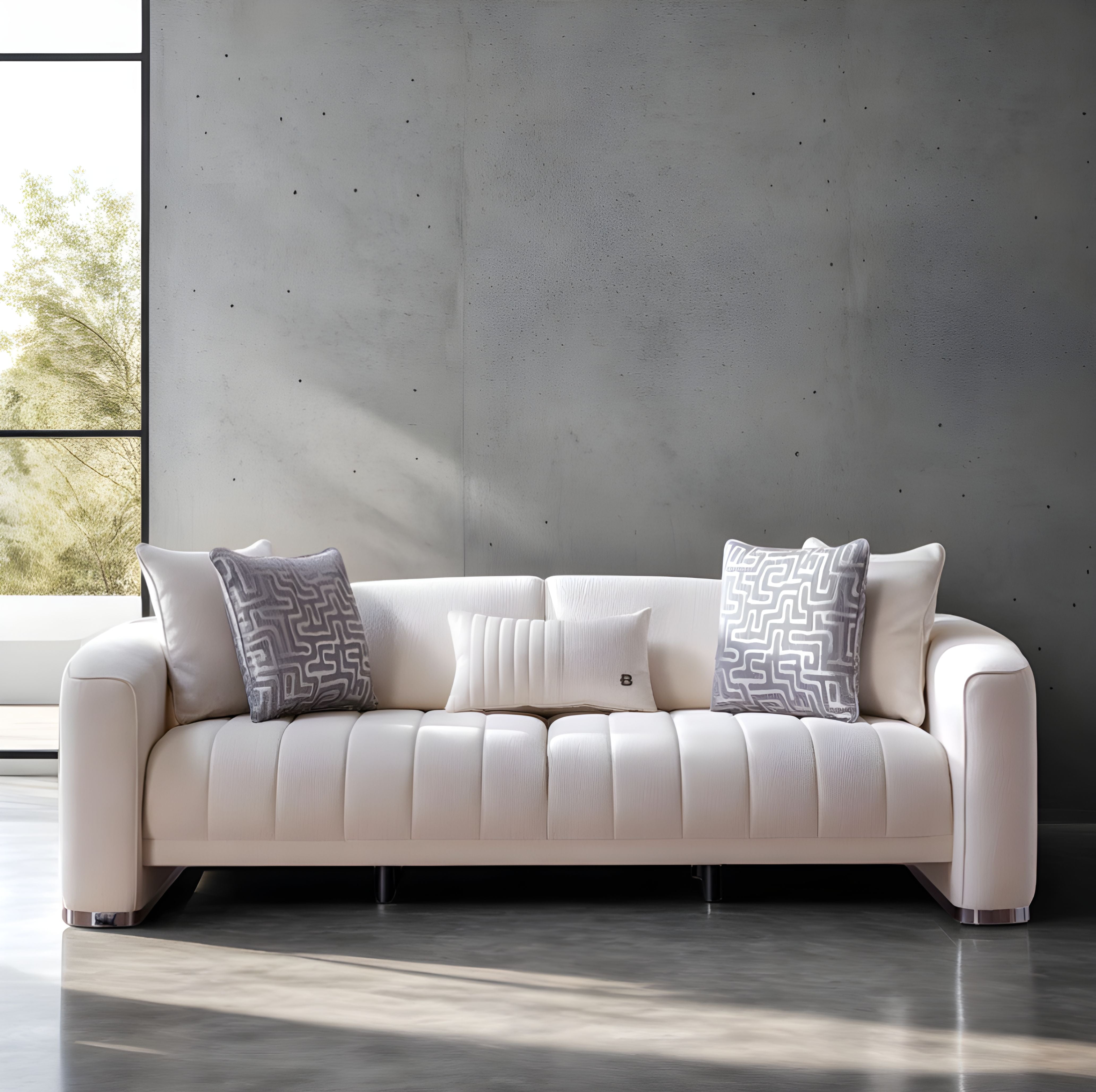 Venice Living Room Set with sleek chrome legs and high-quality Merit Cream fabric for a luxurious touch.