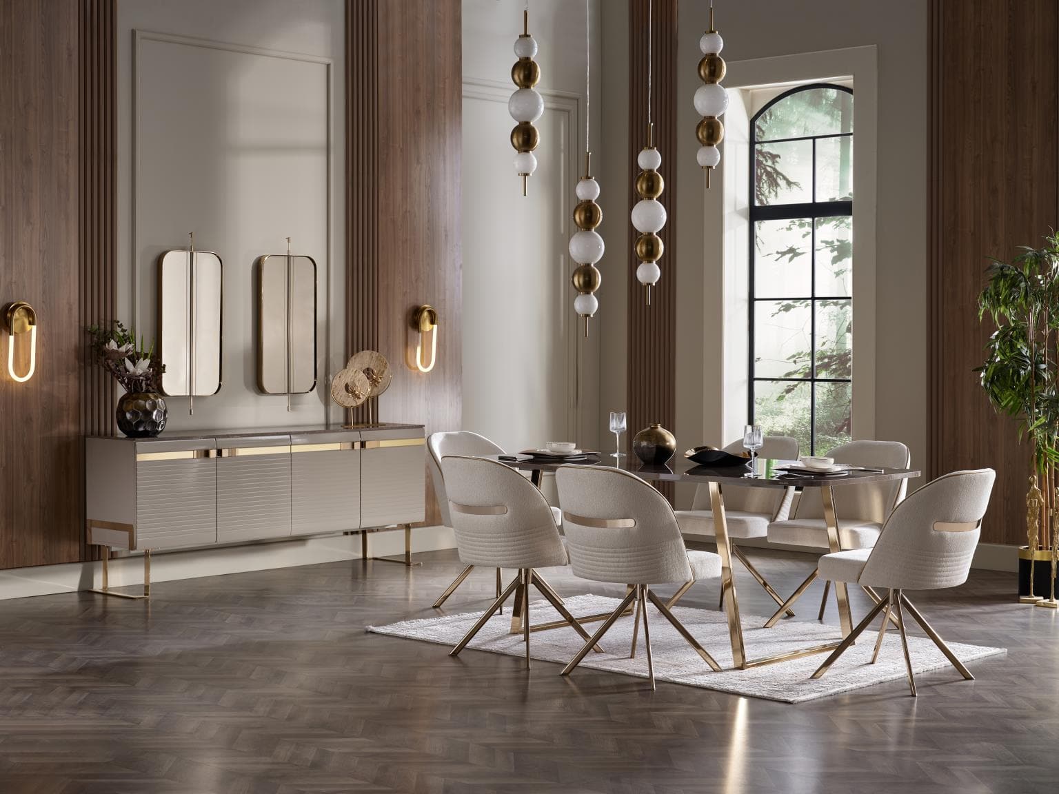 Veronica Dining Table with high-gloss finish and gold accents, blending post-modern elegance with classic sophistication