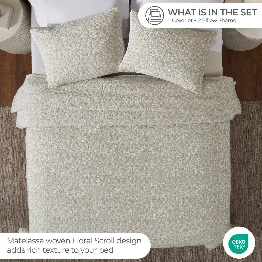 Vineyard Cotton Blend Medium Weight Matelasse Floral Scroll Coverlet - Coverlet by Superior Brand