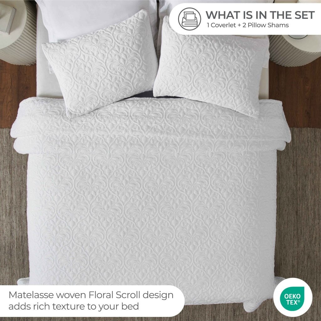 Vineyard Cotton Blend Medium Weight Matelasse Floral Scroll Coverlet - Coverlet by Superior Brand