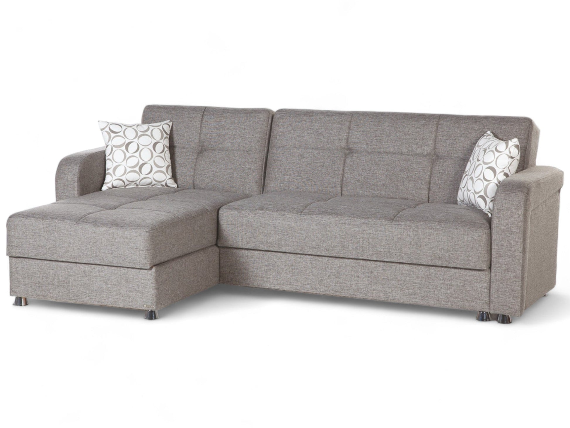 Vision Sectional Sofa with button-tufting, chrome legs, and built-in storage for modern living spaces