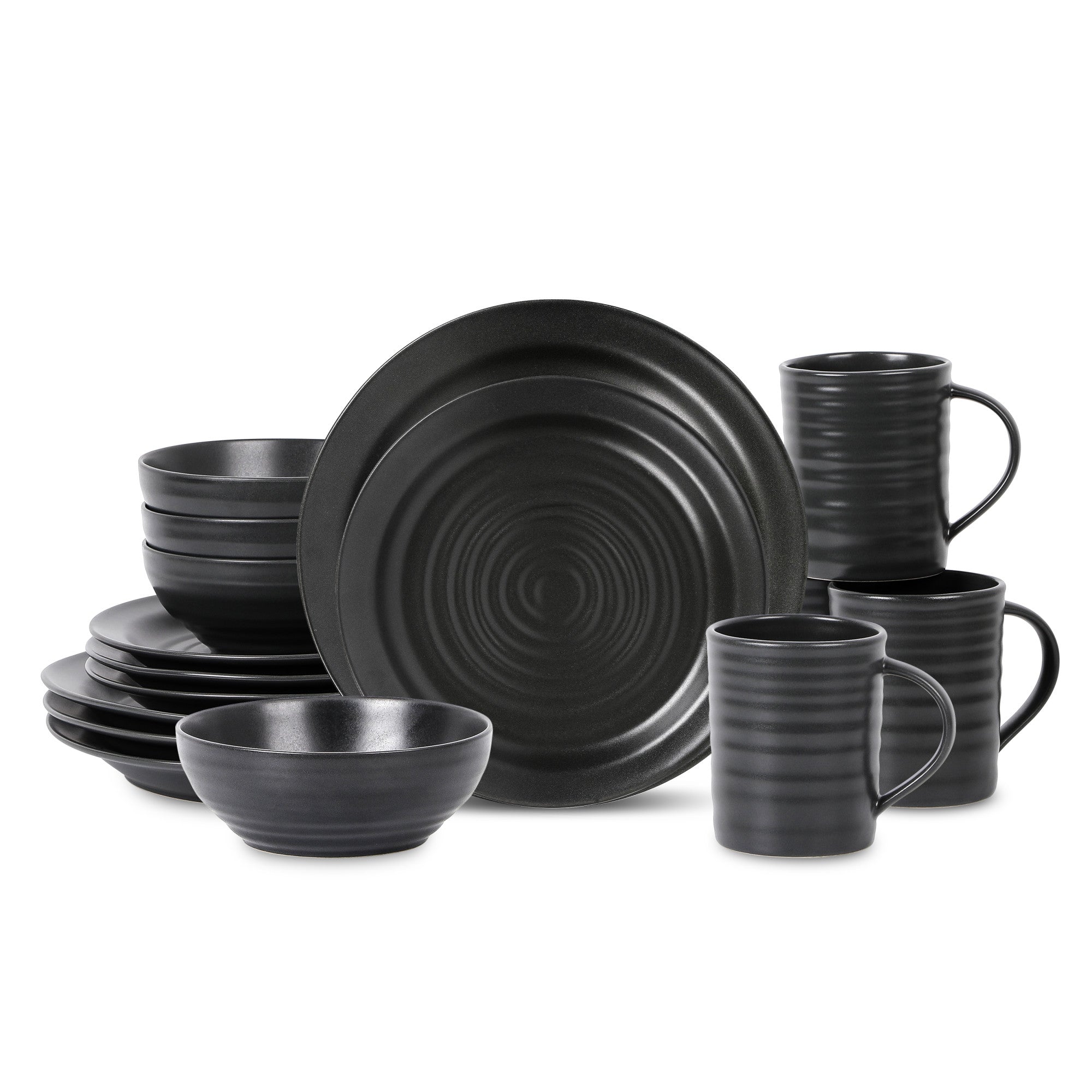Orbit Stoneware Dinnerware Set with Cereal Bowls and Mugs - Charcoal