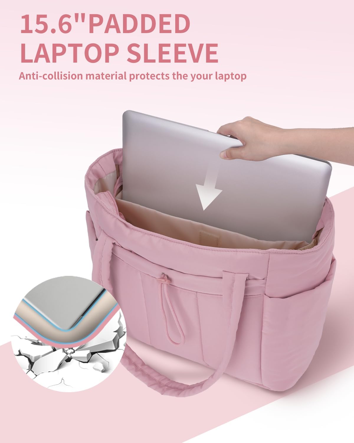 Quilted Puffer Tote Bag with Laptop Sleeve & Cup Holder 20L Travel Work