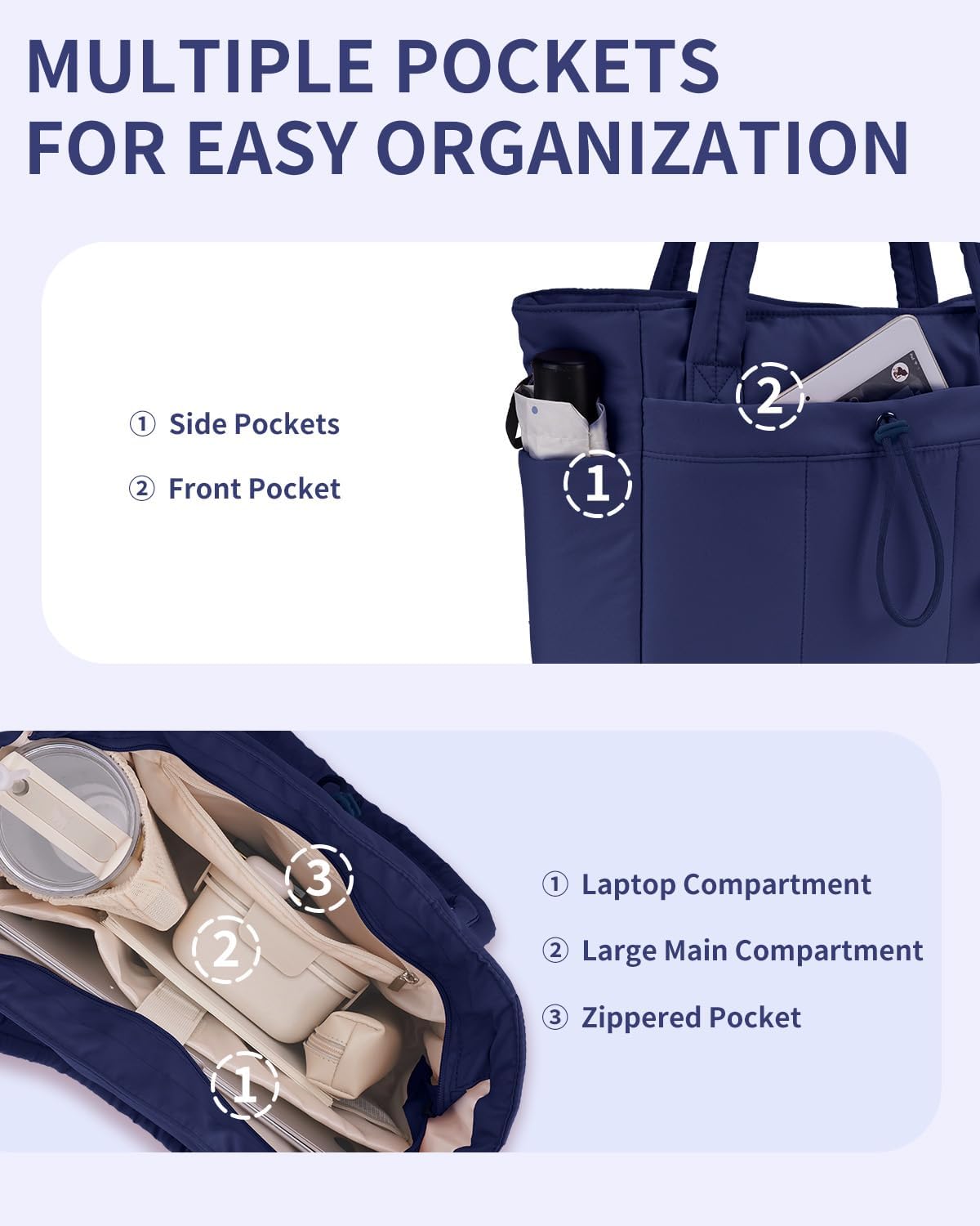 Quilted Puffer Tote Bag with Laptop Sleeve & Cup Holder 20L Travel Work