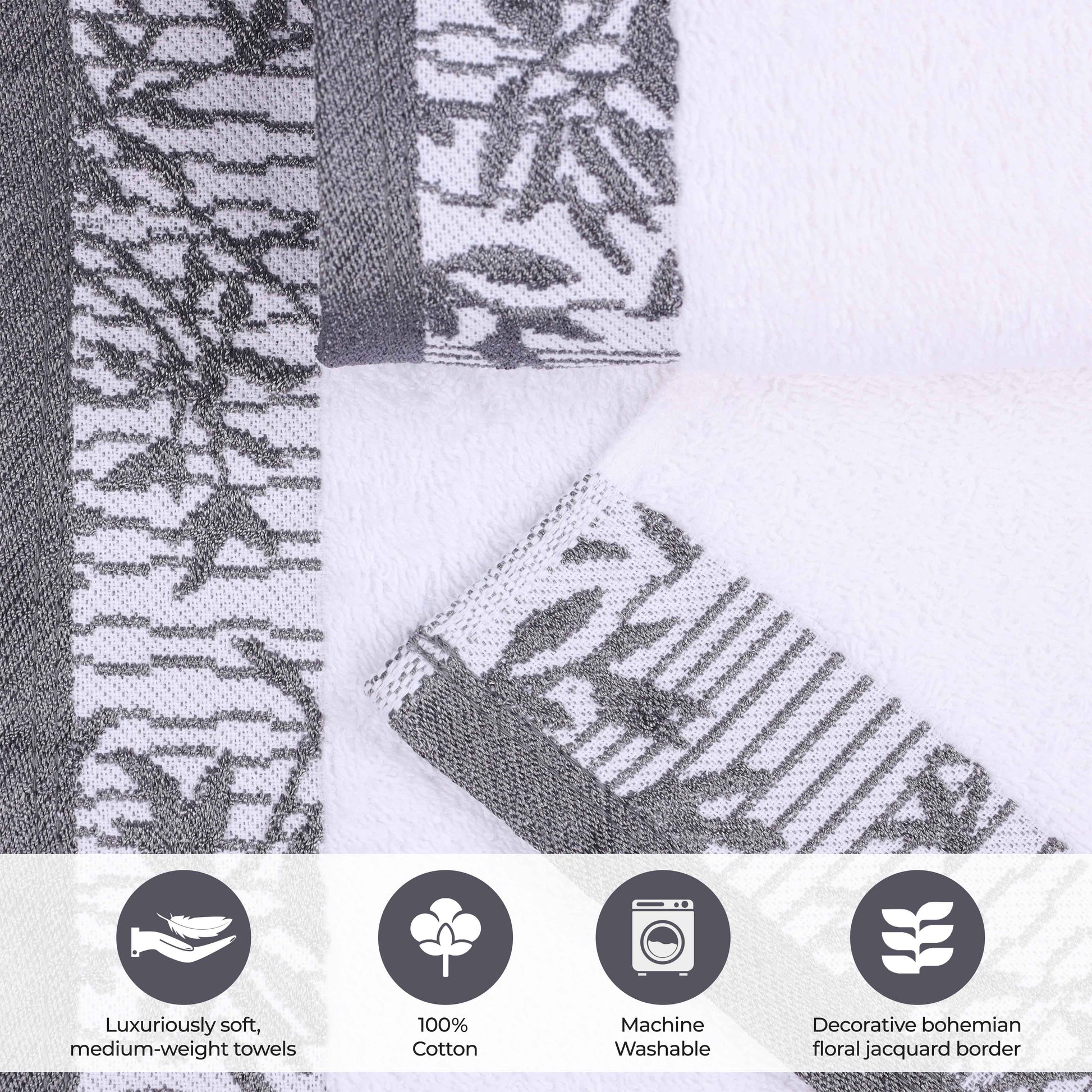 Cotton Floral Jacquard Border Bath Towel Set of 4 - Bath Towel by Superior Brand