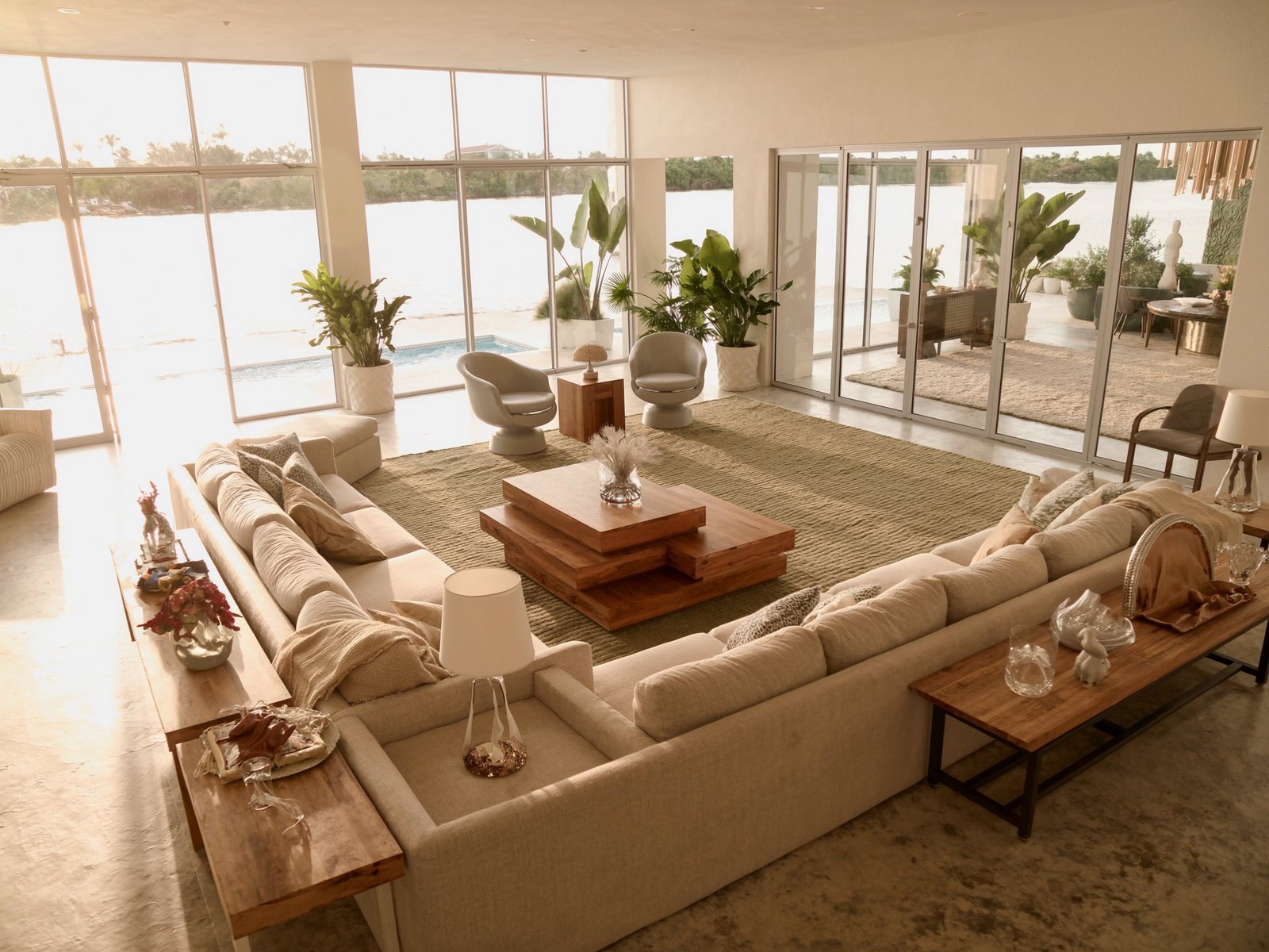 Bright coastal living room with canal views through impact glass doors in a Cape Coral waterfront home, featuring a sand-toned sectional and natural light