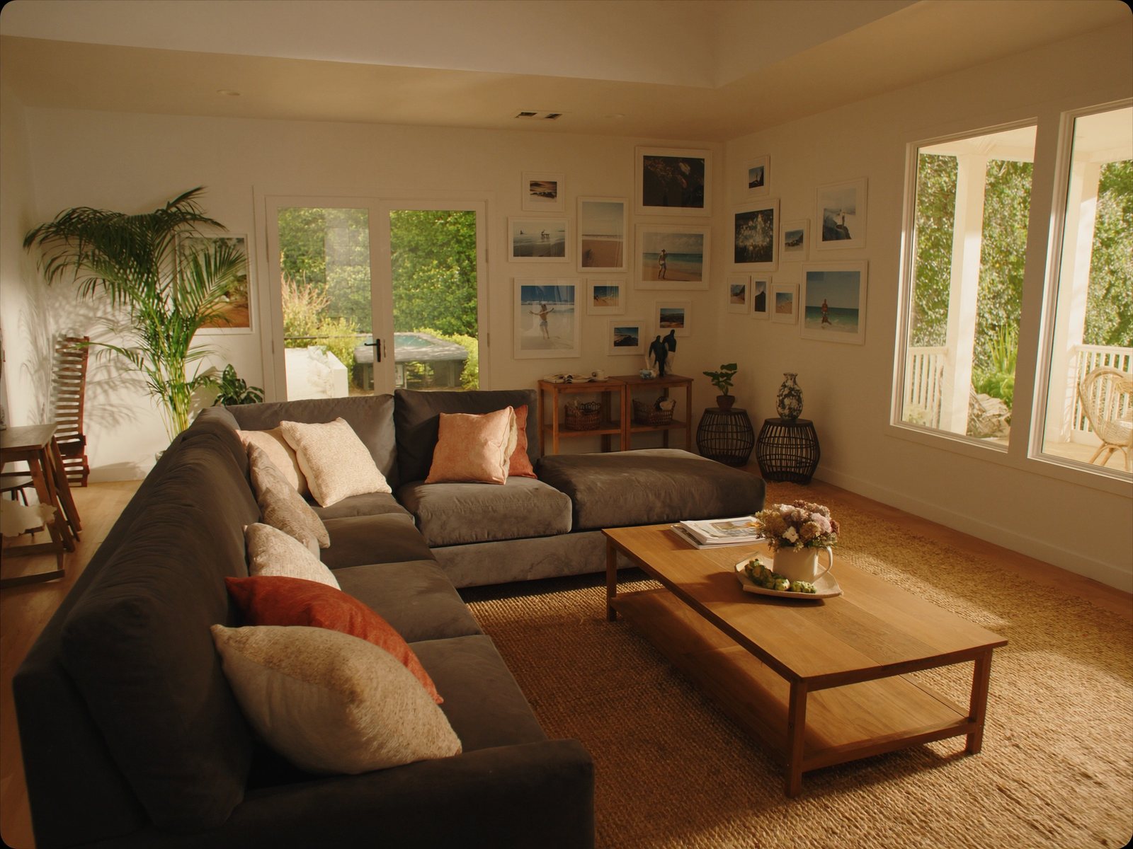 Bright Jacksonville family living room with a gray fabric sectional, wood coffee table, and natural Florida sunlight streaming through large windows onto a jute rug